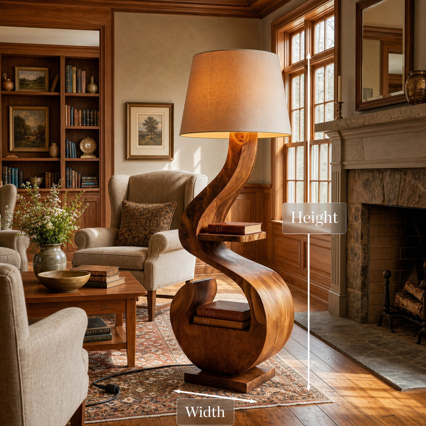 Sculptural Natural Wood Floor Lamp With Shelf For Living Room - product view 8