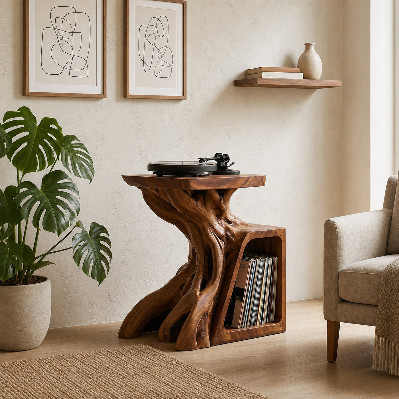Sculptural Record Storage Stand For Living Room