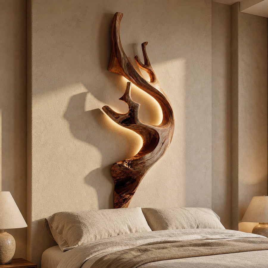 Sculptural Tree Branch Wooden Wall Lamp With LED For Home