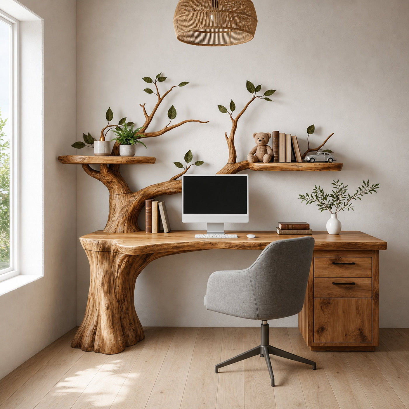 Sculptural Tree Desk With Floating Shelf Natural Branch Design Home Office And Workspace
