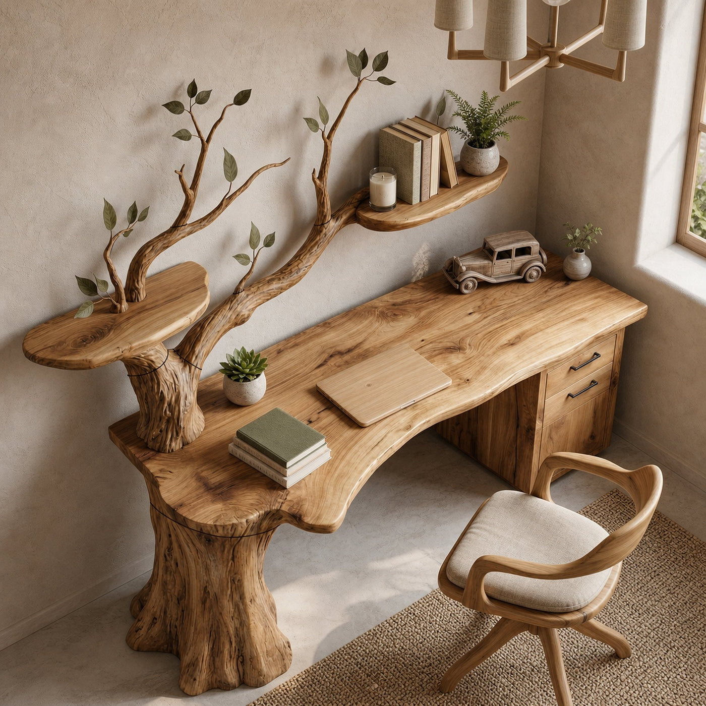 Sculptural Tree Desk With Floating Shelf Natural Branch Design Home Office And Workspace - product view 2