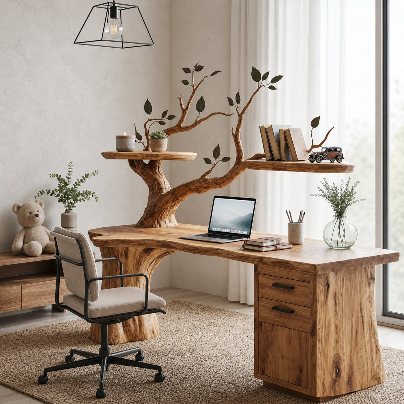 Sculptural Tree Desk With Floating Shelf Natural Branch Design Home Office And Workspace - product view 3