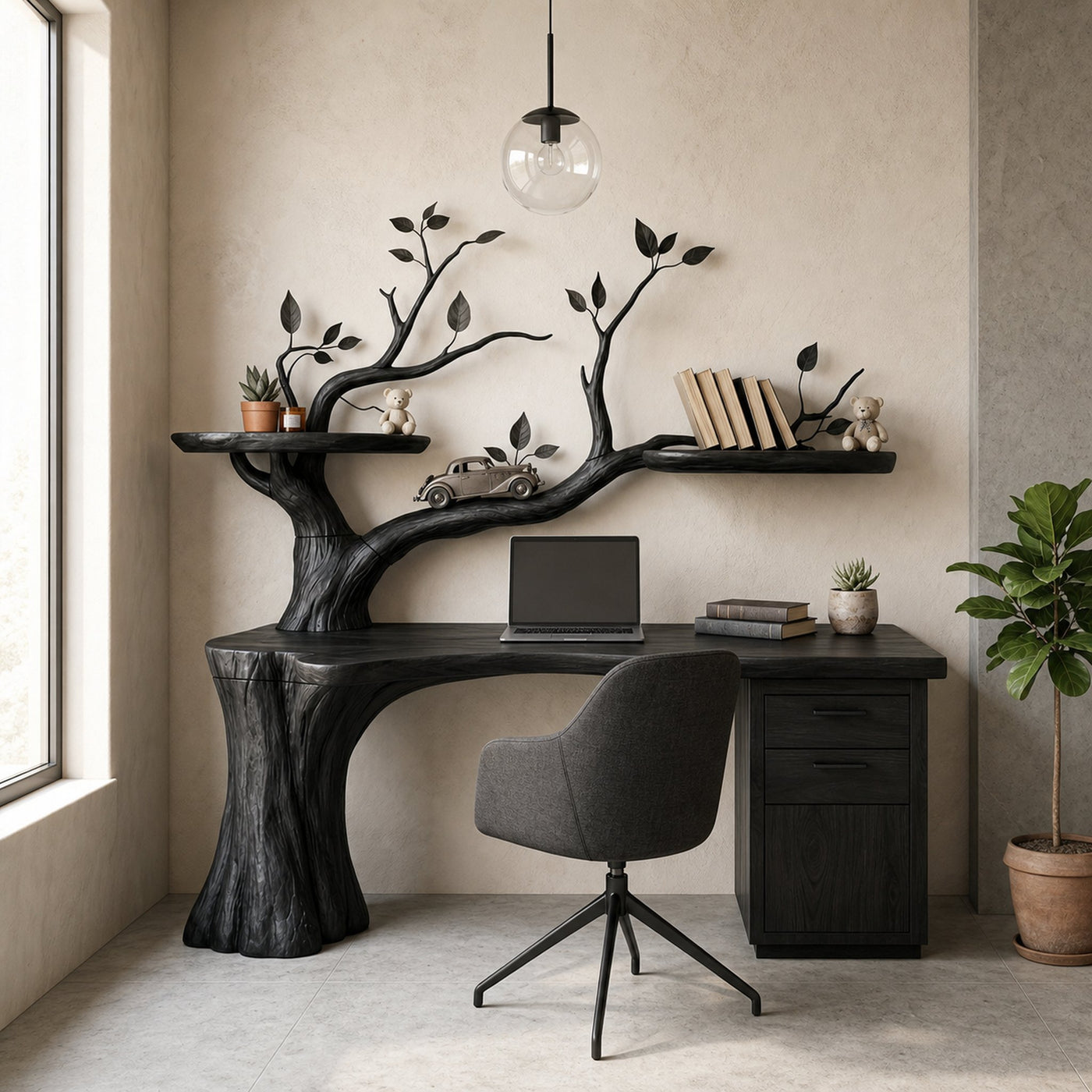Sculptural Tree Desk With Floating Shelf Natural Branch Design Home Office And Workspace - product view 4