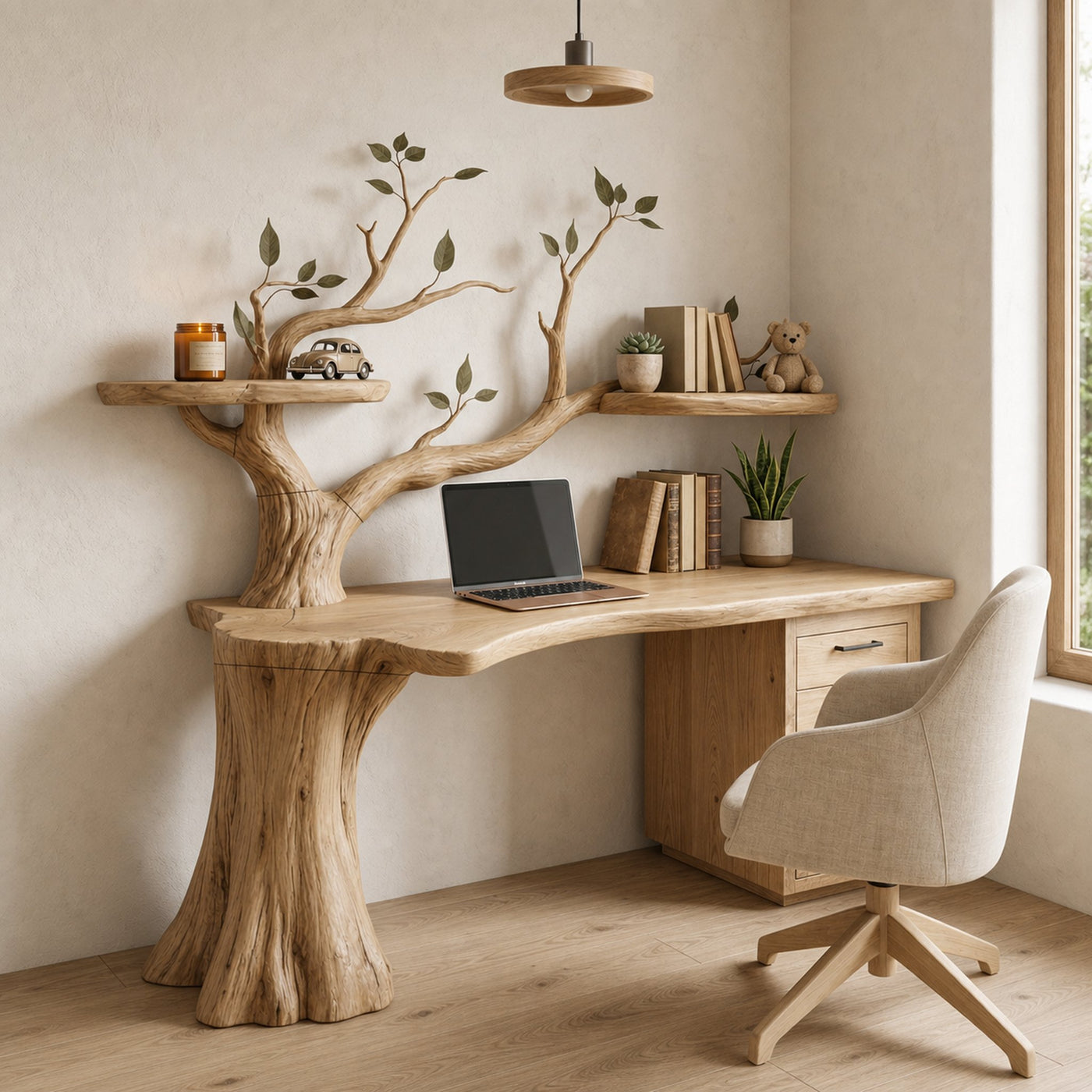 Sculptural Tree Desk With Floating Shelf Natural Branch Design Home Office And Workspace - product view 5