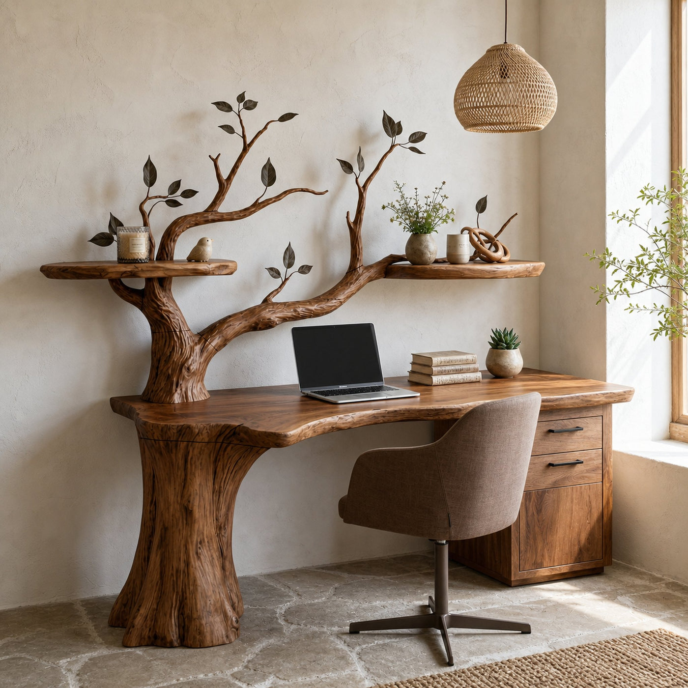 Sculptural Tree Desk With Floating Shelf Natural Branch Design Home Office And Workspace - product view 6