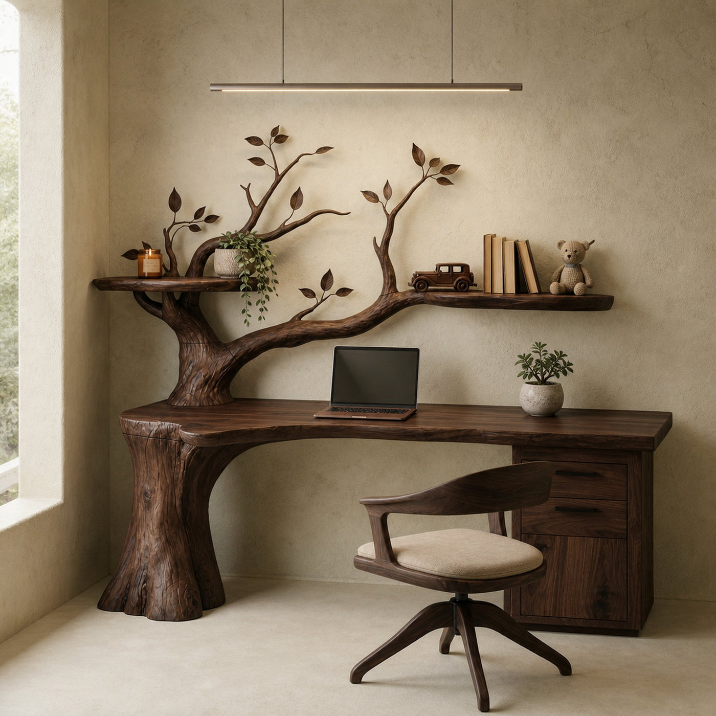 Sculptural Tree Desk With Floating Shelf Natural Branch Design Home Office And Workspace - product view 7