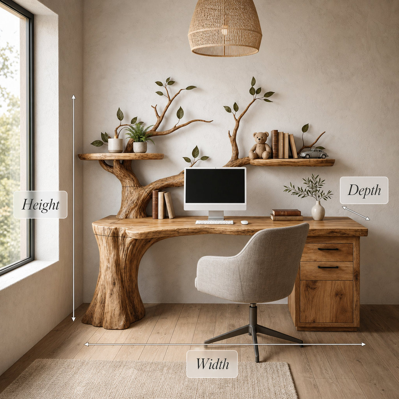 Sculptural Tree Desk With Floating Shelf Natural Branch Design Home Office And Workspace - product view 8