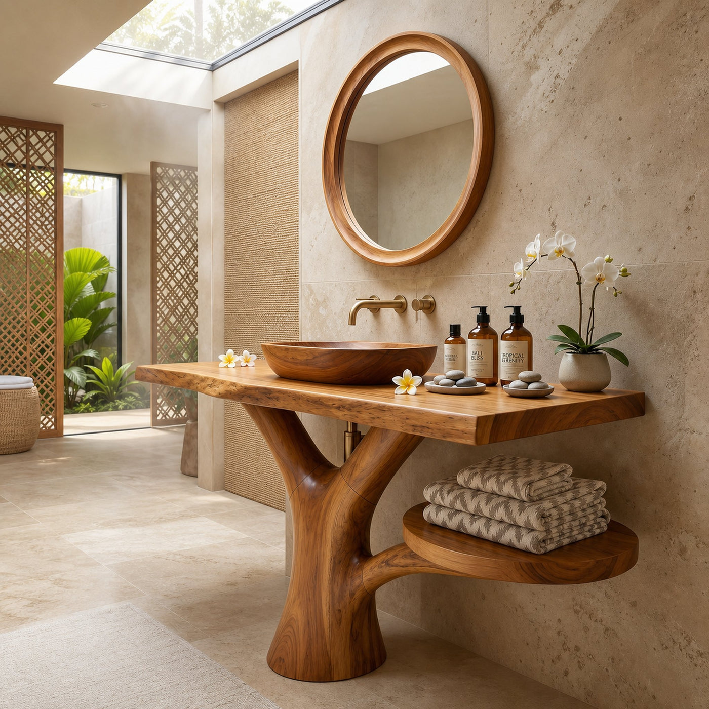 Sculptural Wood Sink Cabinet For Tropical Powder Room
