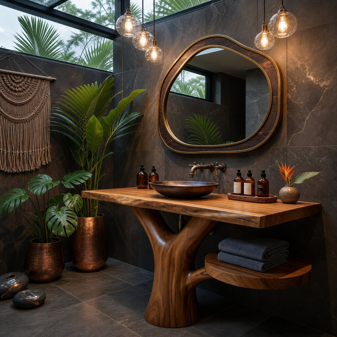 Sculptural Wood Sink Cabinet For Tropical Powder Room - product view 2