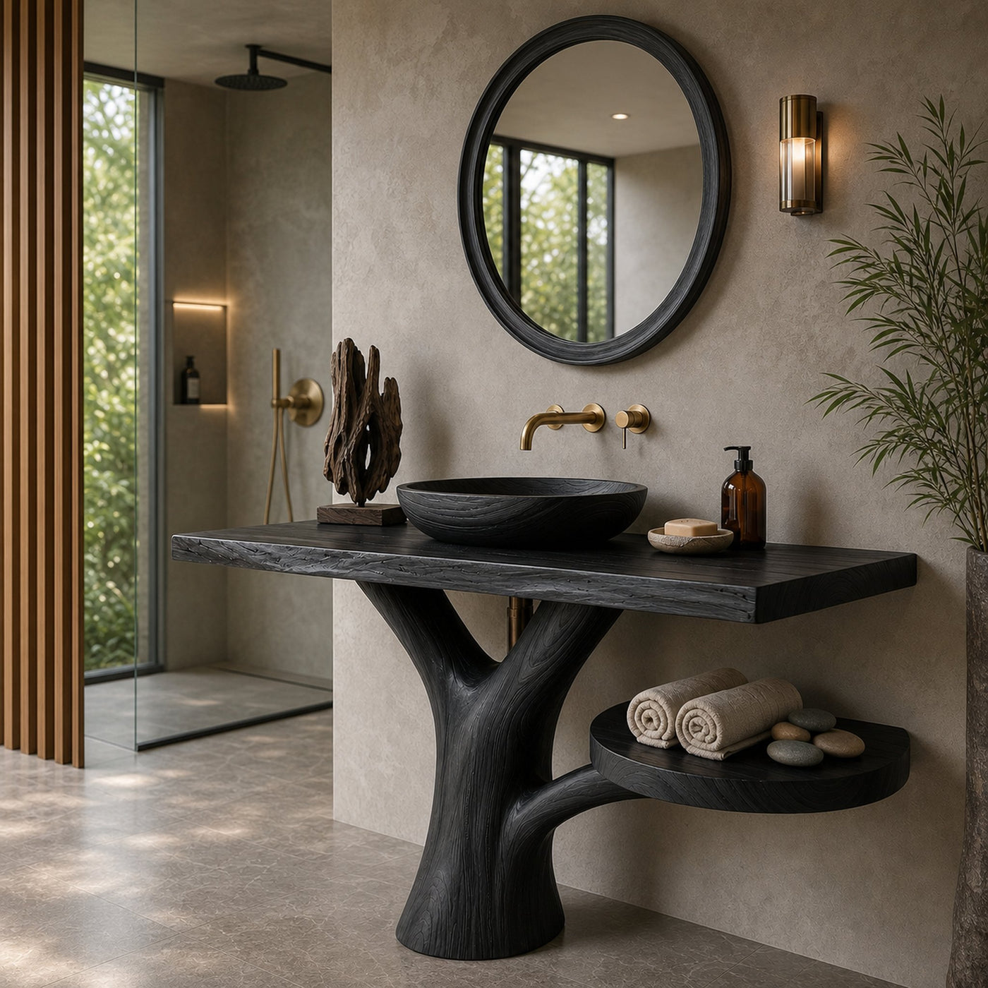 Sculptural Wood Sink Cabinet For Tropical Powder Room - product view 4