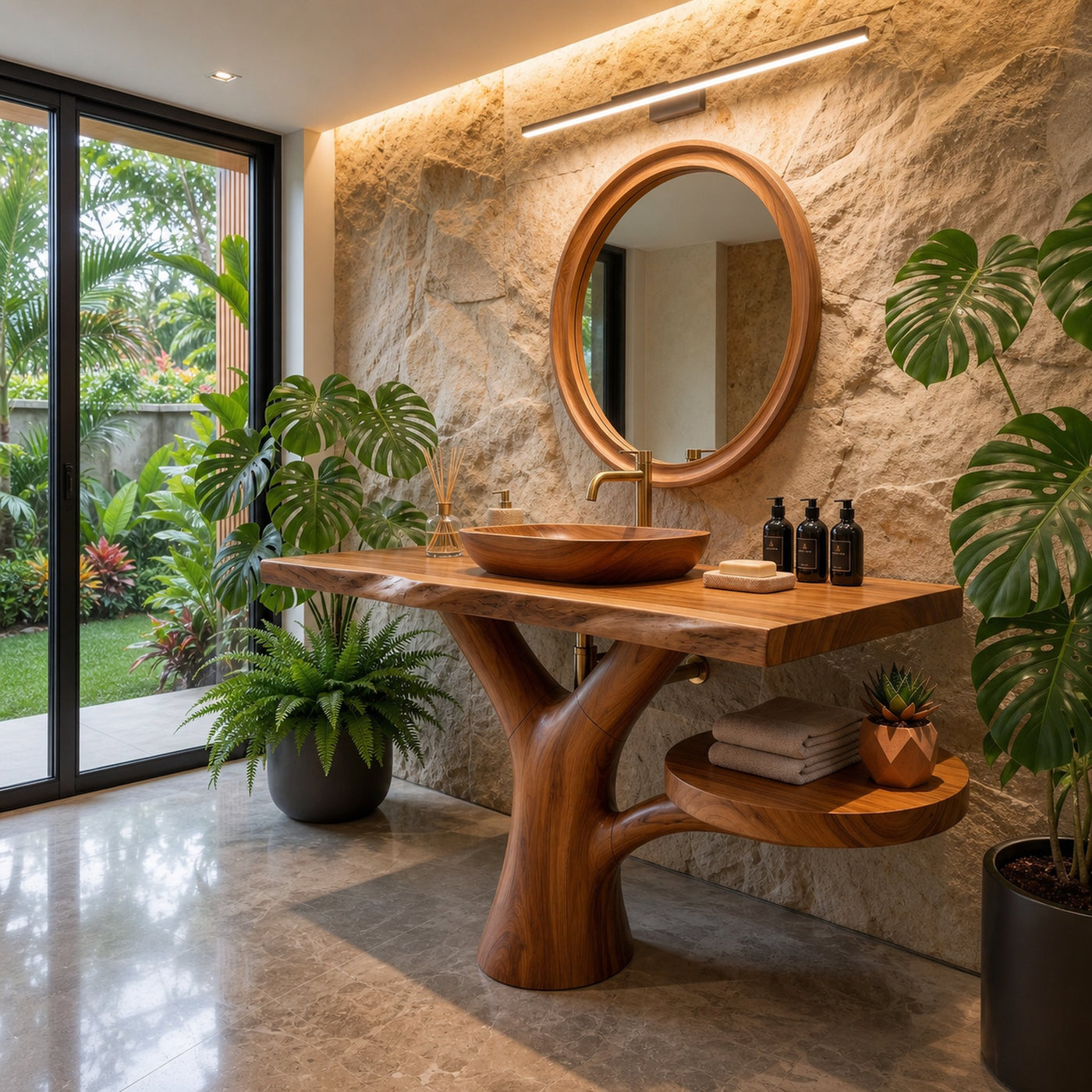 Sculptural Wood Sink Cabinet For Tropical Powder Room - product view 5