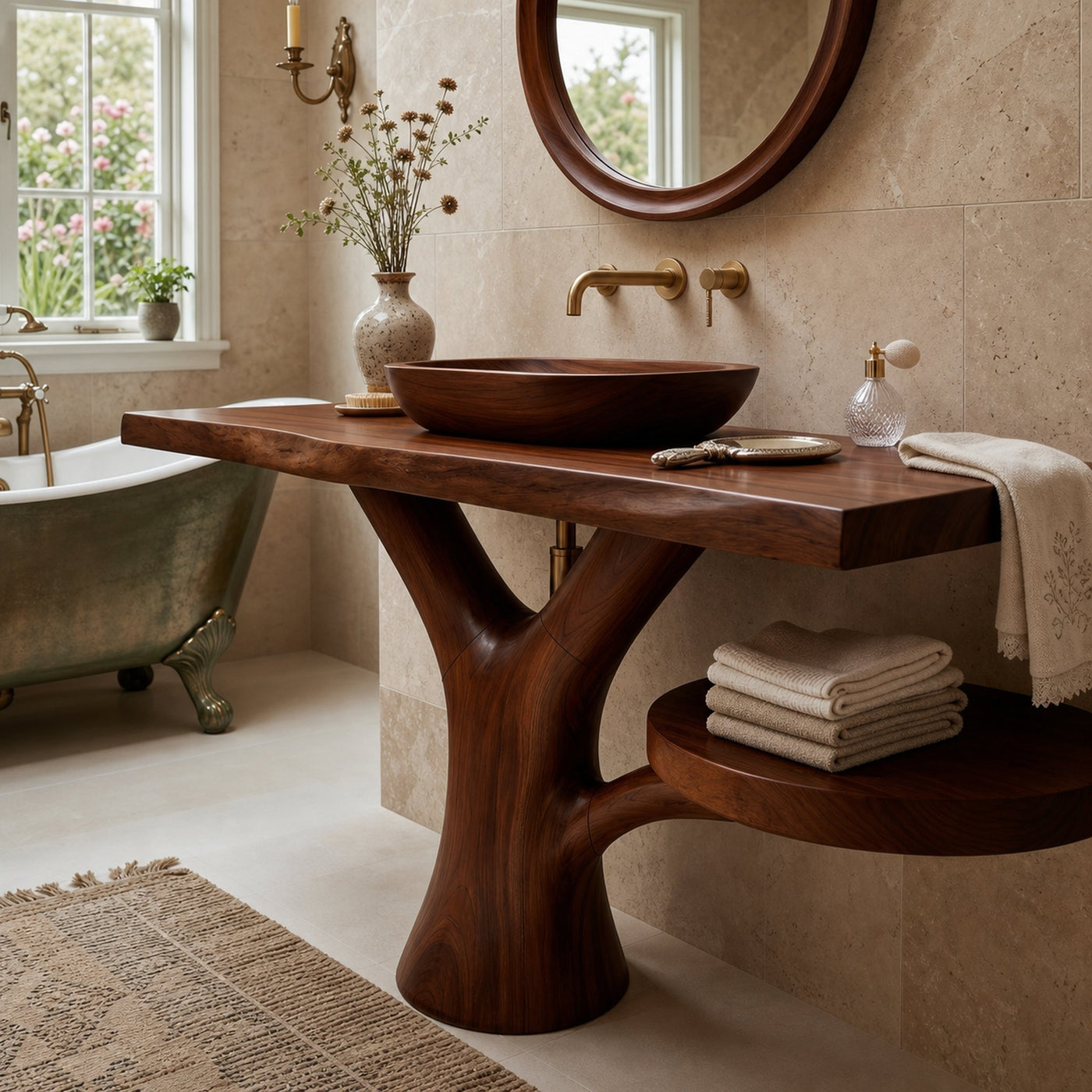 Sculptural Wood Sink Cabinet For Tropical Powder Room - product view 6