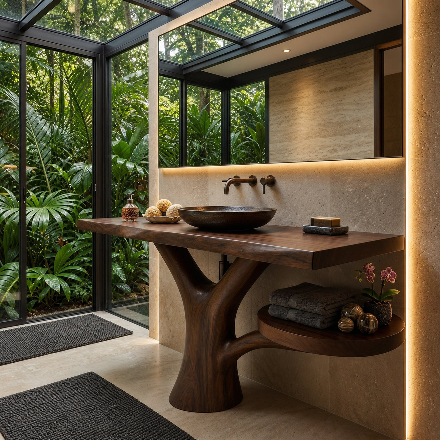 Sculptural Wood Sink Cabinet For Tropical Powder Room - product view 7