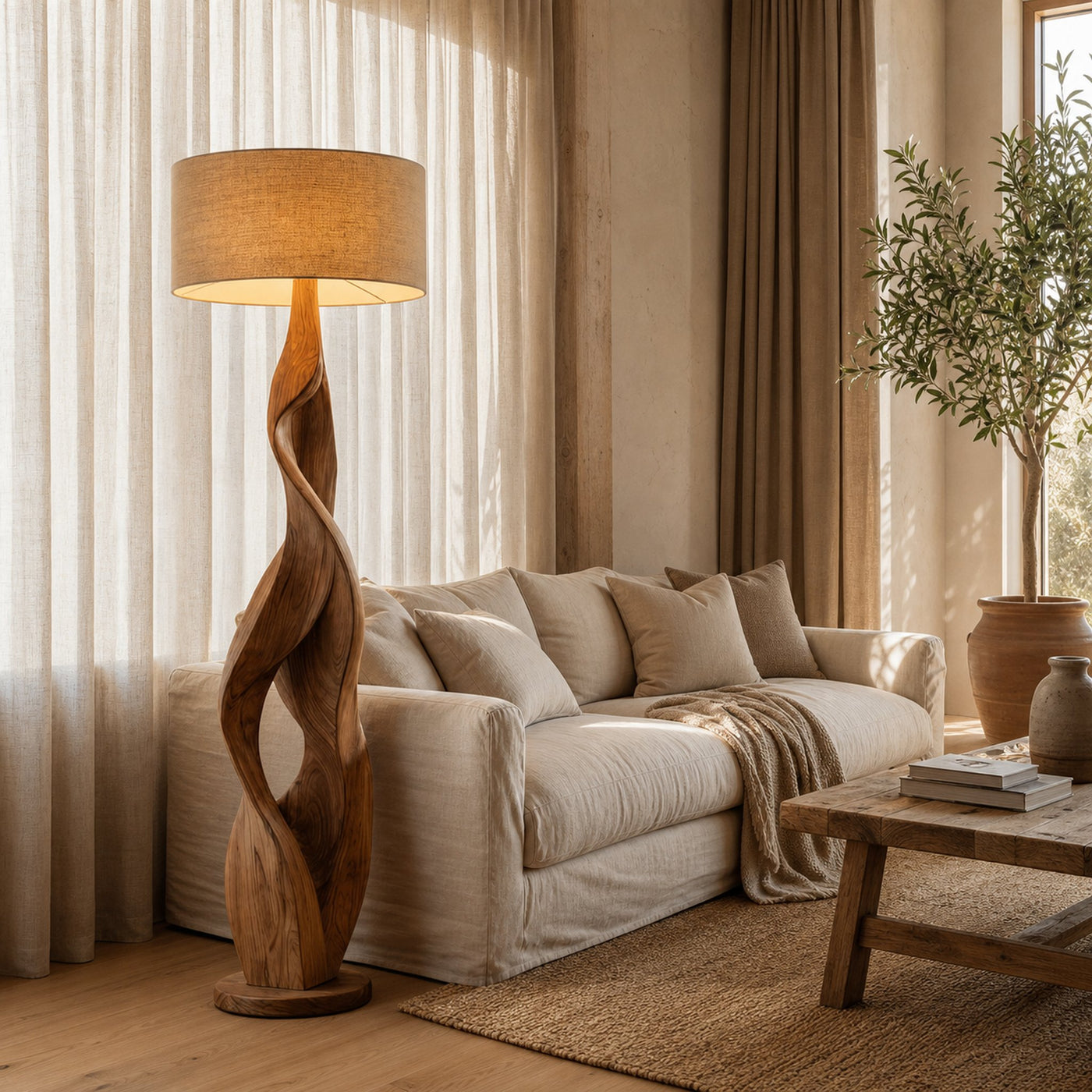 Sculptural Wooden Floor Lamp With Fabric Shade For Bedroom