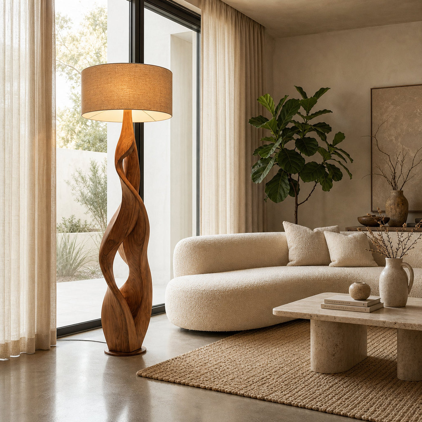 Sculptural Wooden Floor Lamp With Fabric Shade For Bedroom - product view 2