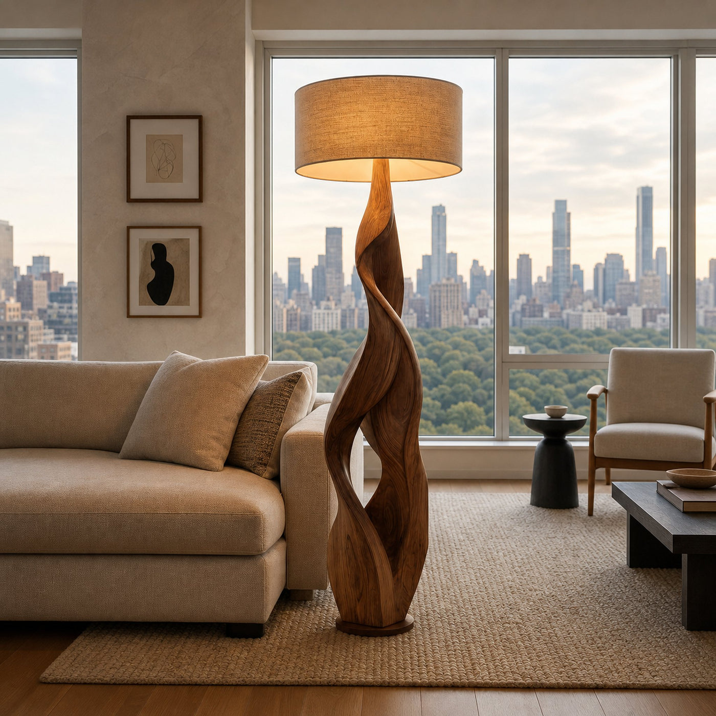 Sculptural Wooden Floor Lamp With Fabric Shade For Bedroom - product view 3