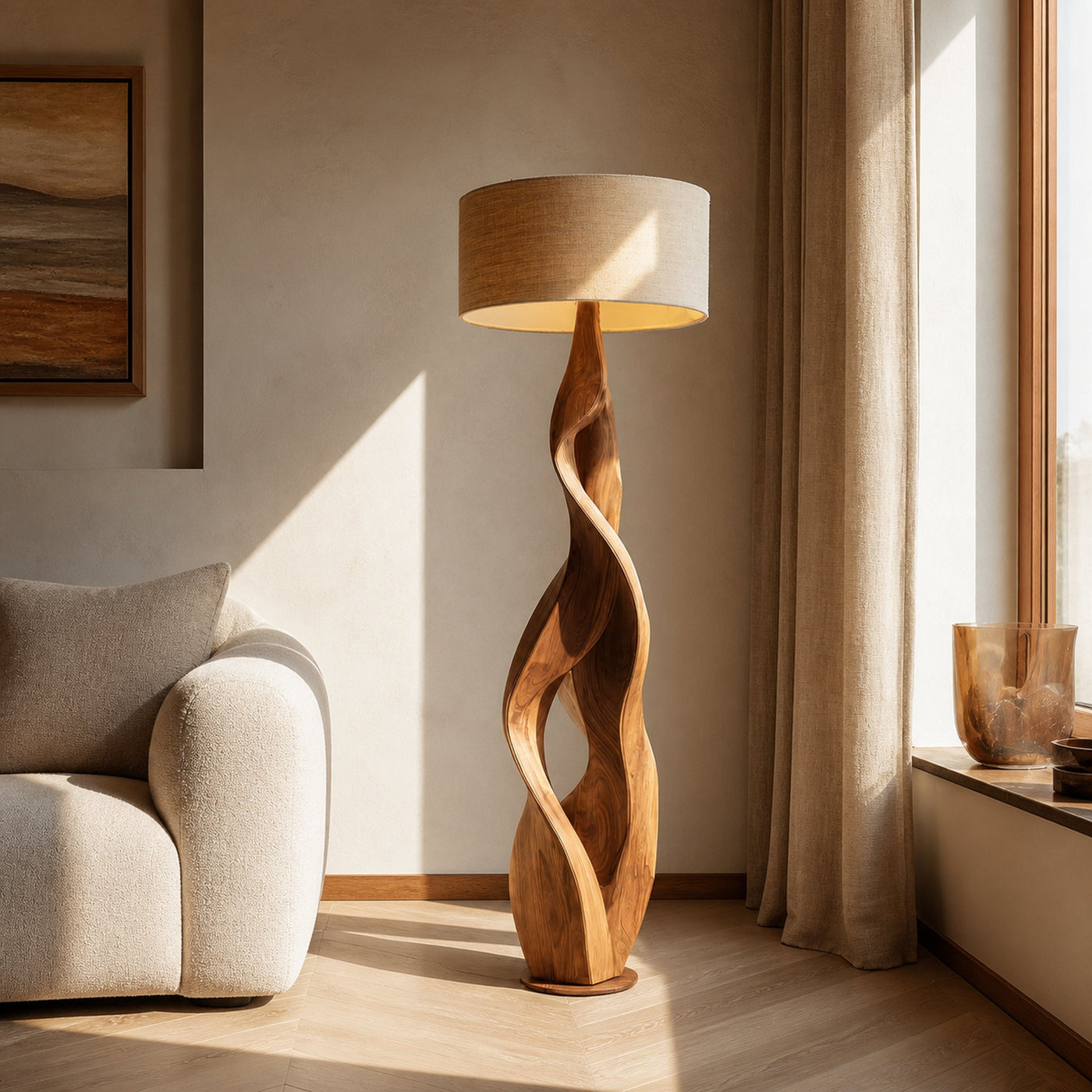 Sculptural Wooden Floor Lamp With Fabric Shade For Bedroom - product view 4