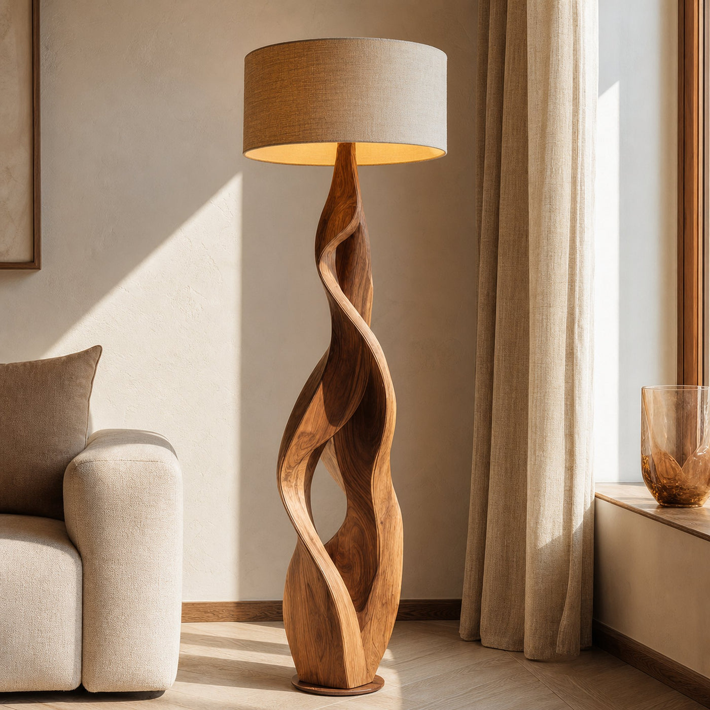 Sculptural Wooden Floor Lamp With Fabric Shade For Bedroom - product view 5
