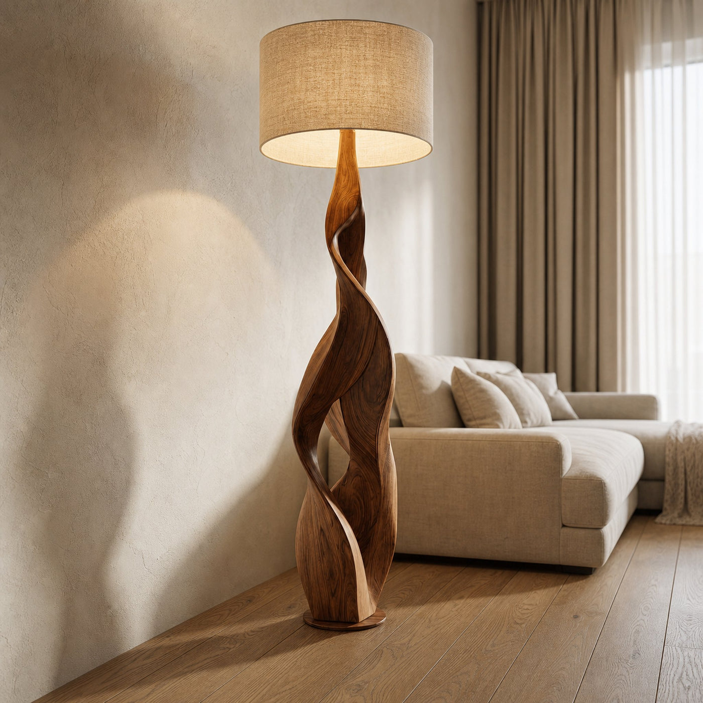 Sculptural Wooden Floor Lamp With Fabric Shade For Bedroom - product view 6