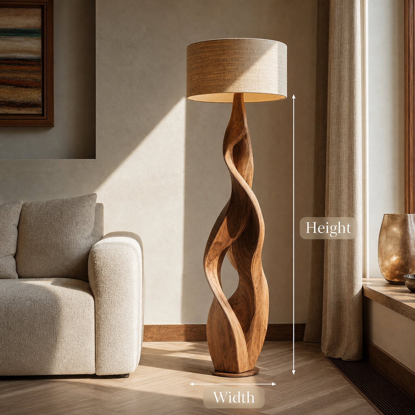 Sculptural Wooden Floor Lamp With Fabric Shade For Bedroom - product view 7