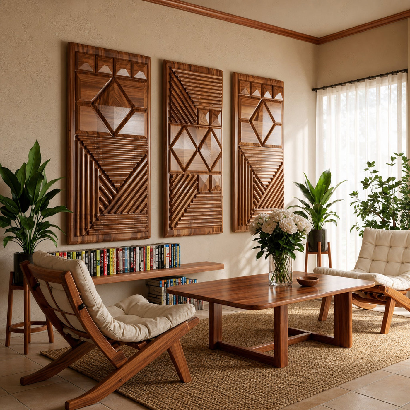 Set 3Pc Geometric Carved Wood Wall Art Panels For Living Room
