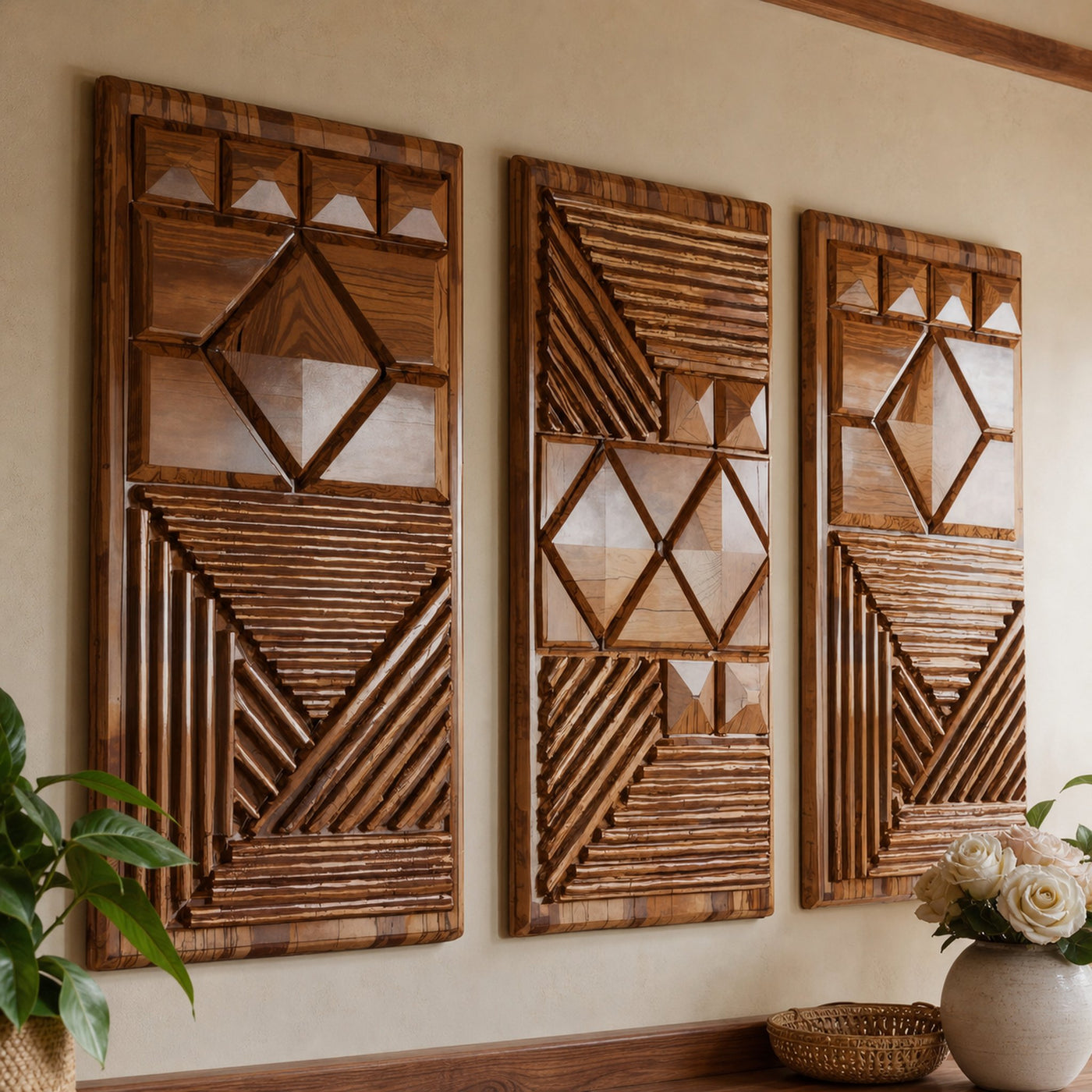 Set 3Pc Geometric Carved Wood Wall Art Panels For Living Room - product view 2