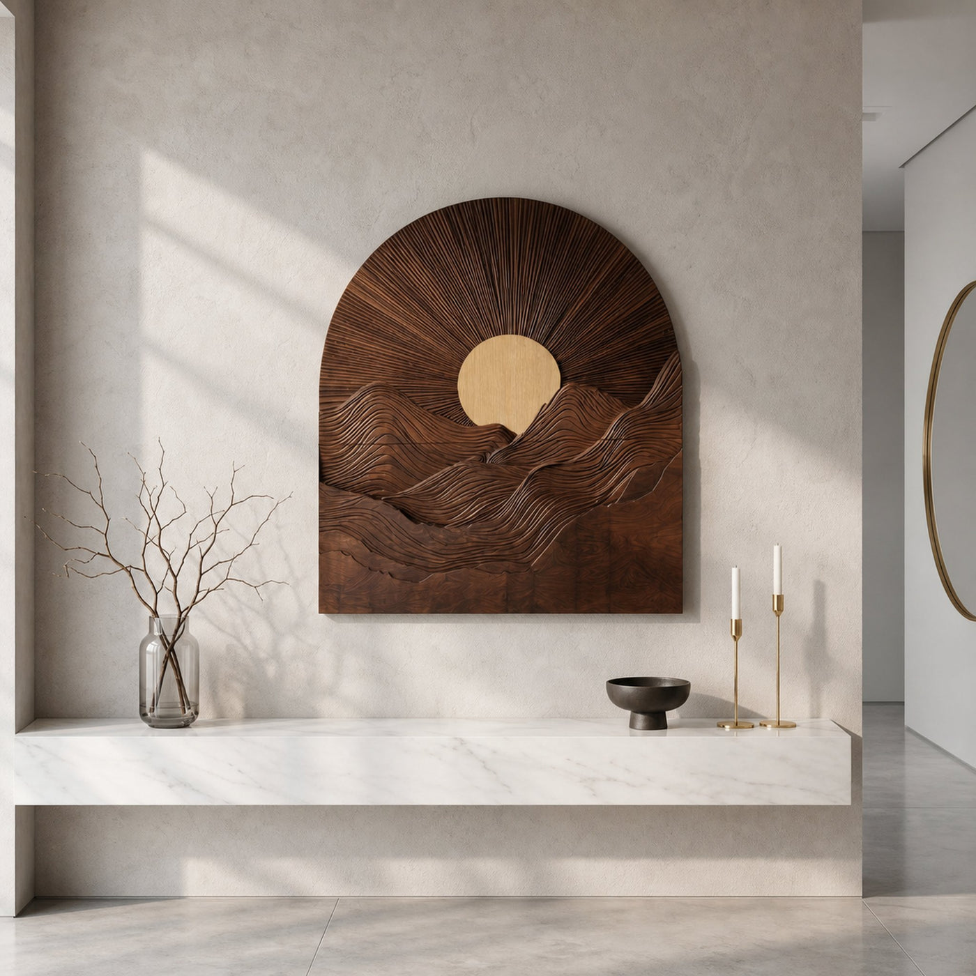 Sunburst Wall Art With Sculptural Round Panel Design For Living Room And Entryway