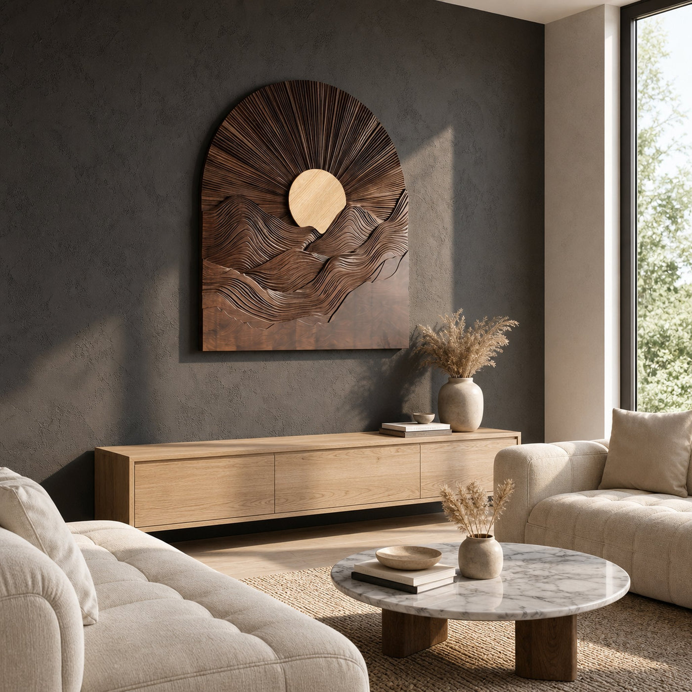 Sunburst Wall Art With Sculptural Round Panel Design For Living Room And Entryway - product view 3