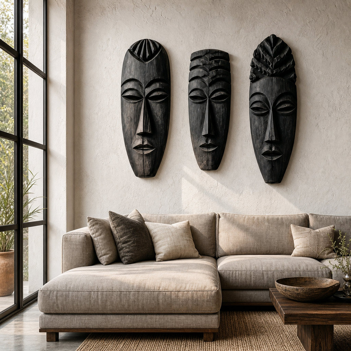 Tribal Wooden Wall Art Set With Hand Carved African Mask Design For Living Room And Entryway