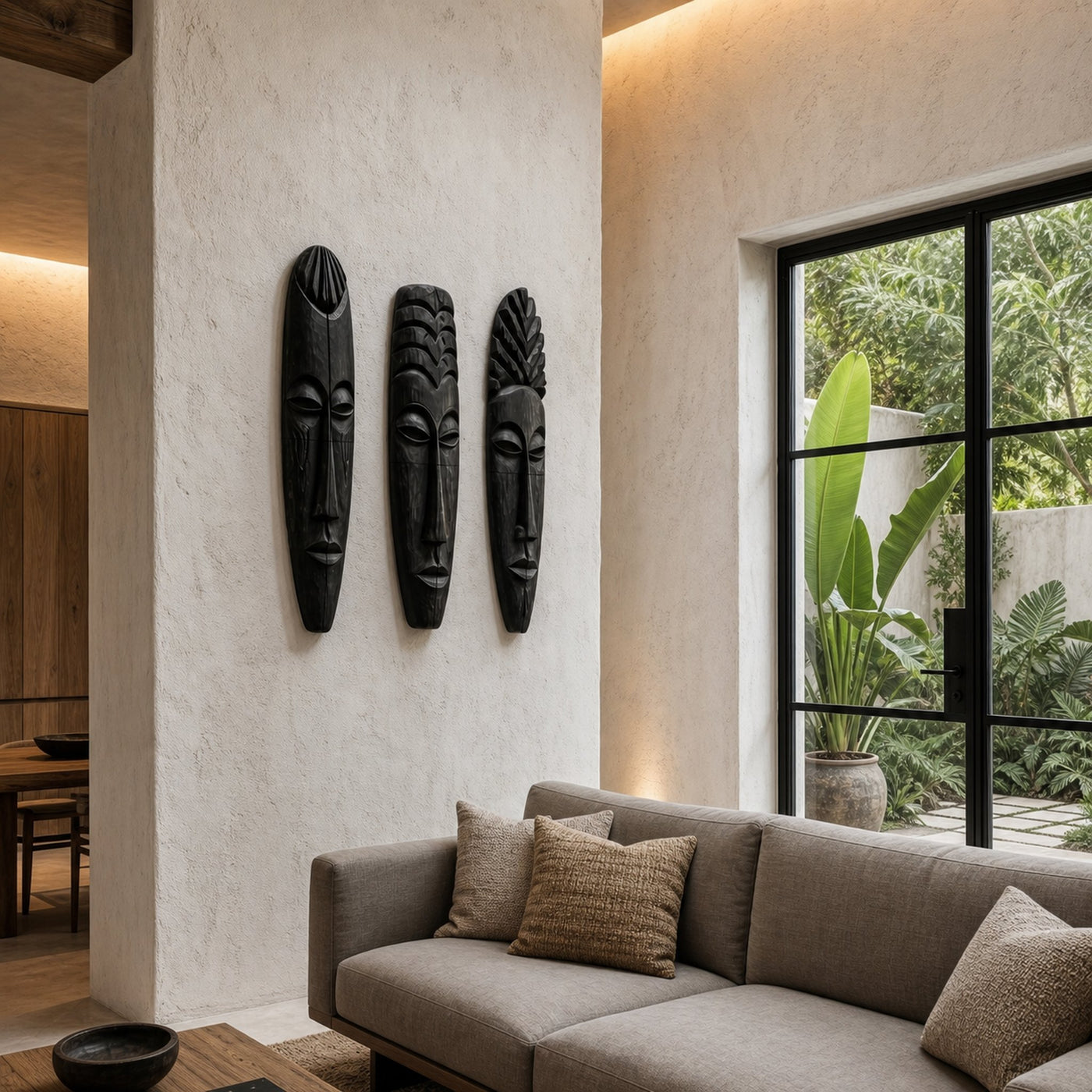 Tribal Wooden Wall Art Set With Hand Carved African Mask Design For Living Room And Entryway - product view 2