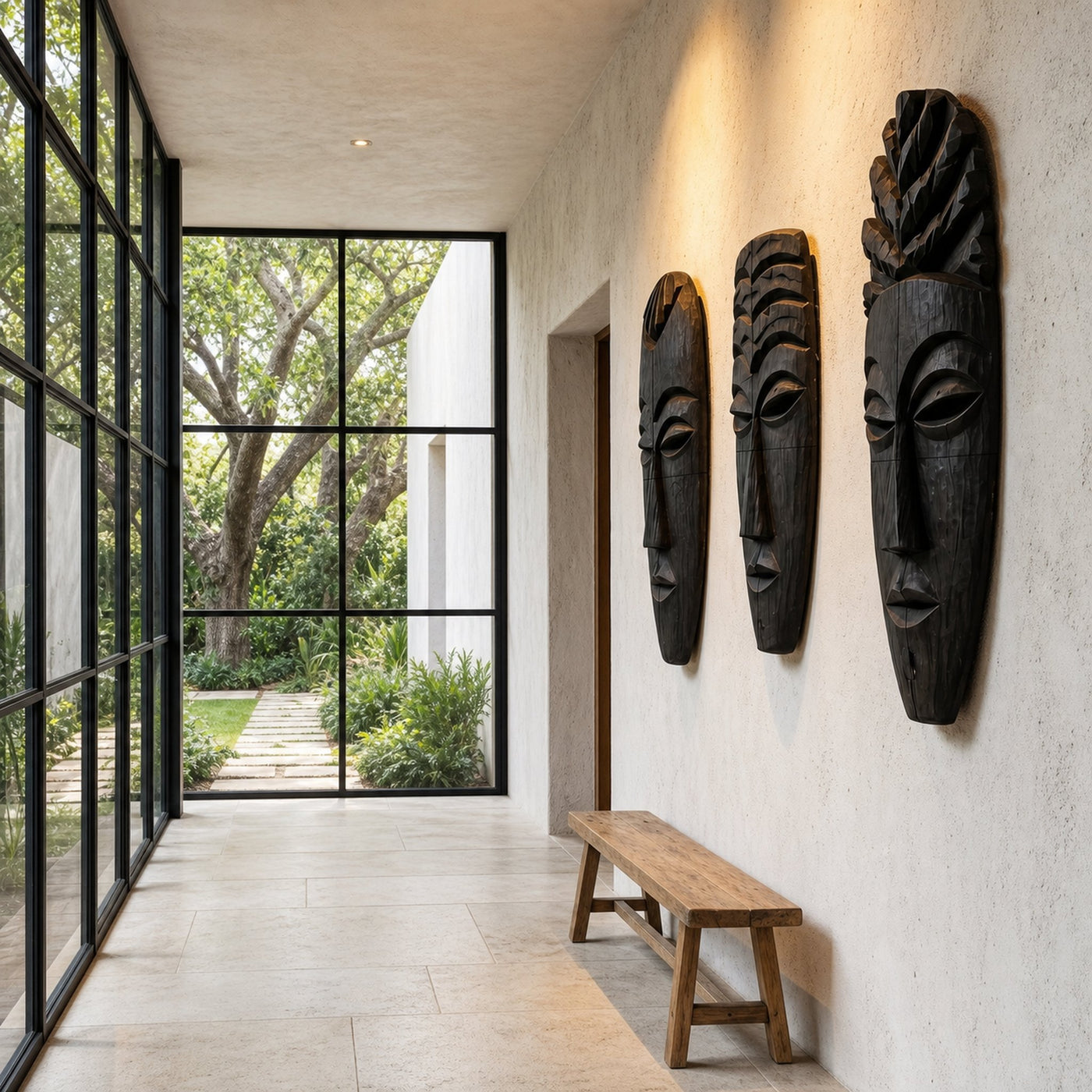 Tribal Wooden Wall Art Set With Hand Carved African Mask Design For Living Room And Entryway - product view 3