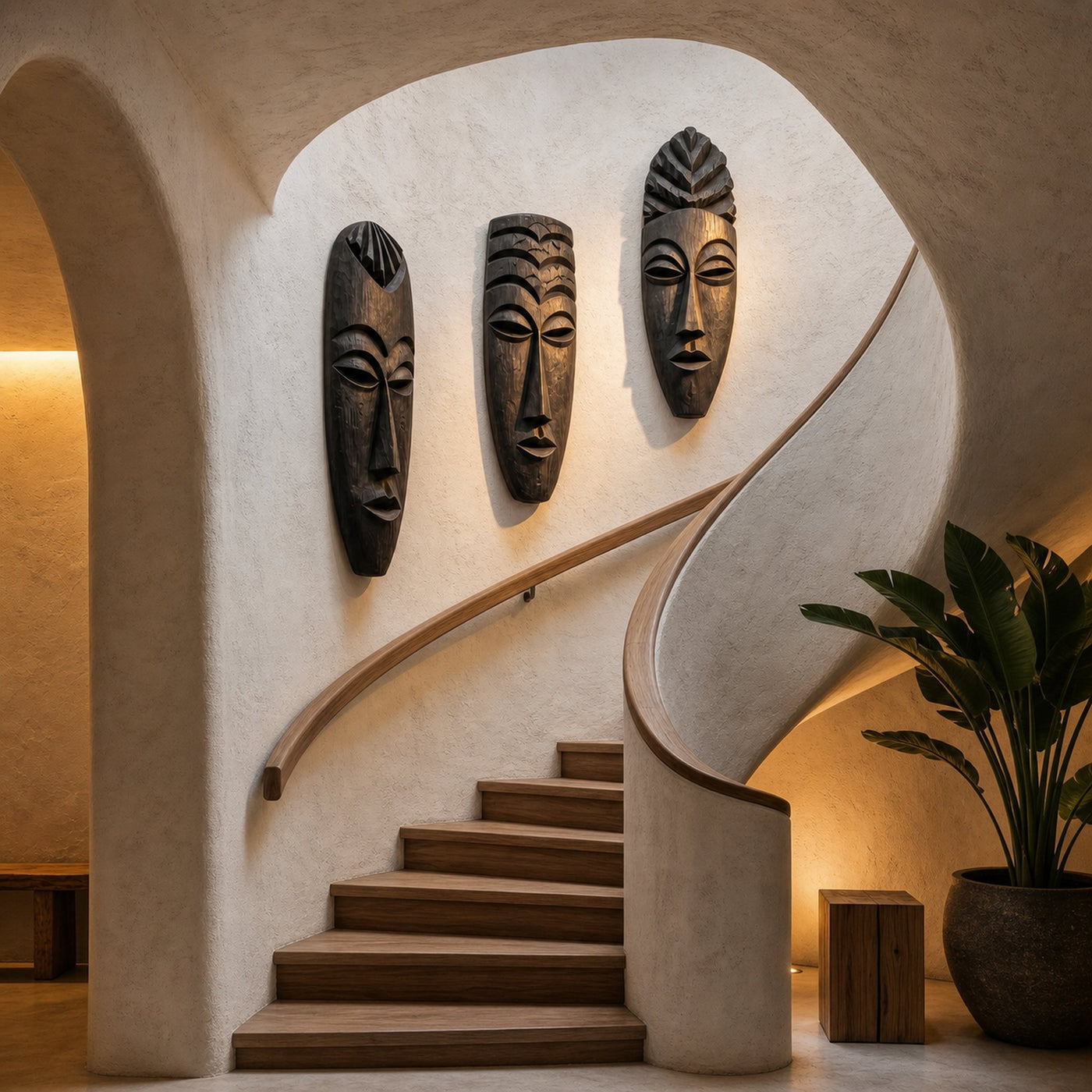 Tribal Wooden Wall Art Set With Hand Carved African Mask Design For Living Room And Entryway - product view 4