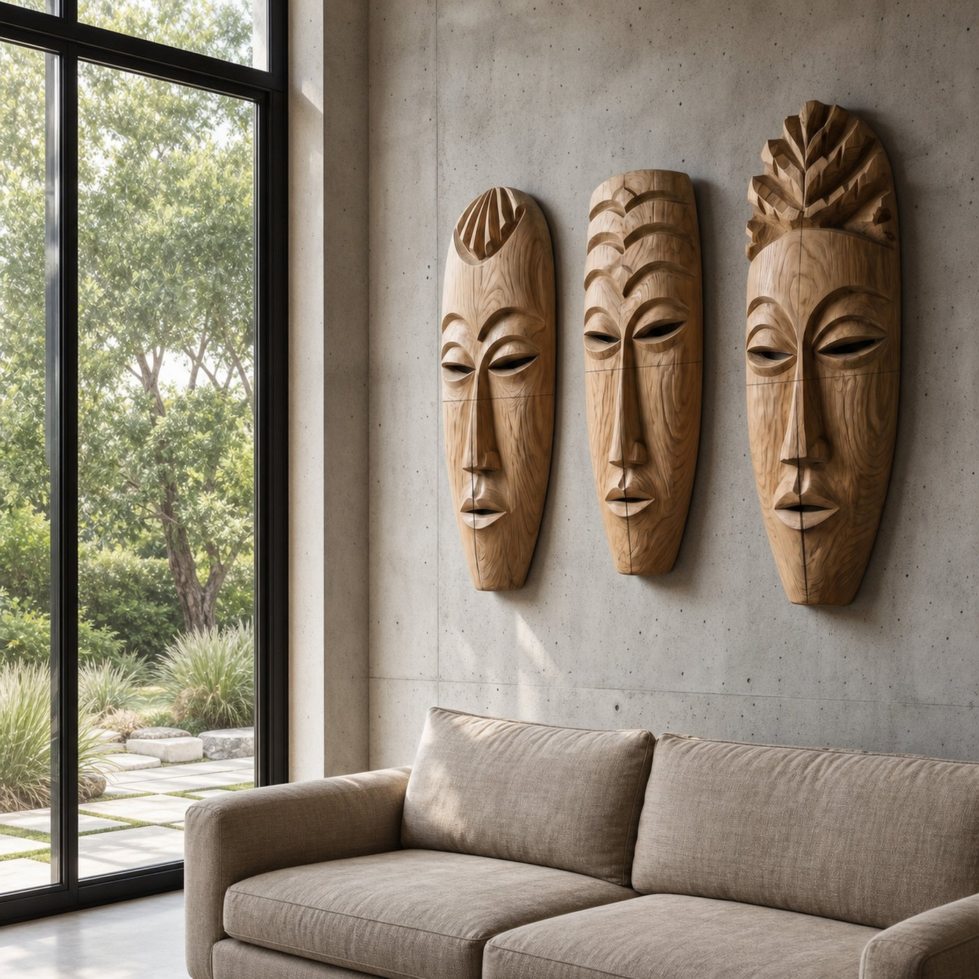Tribal Wooden Wall Art Set With Hand Carved African Mask Design For Living Room And Entryway - product view 5