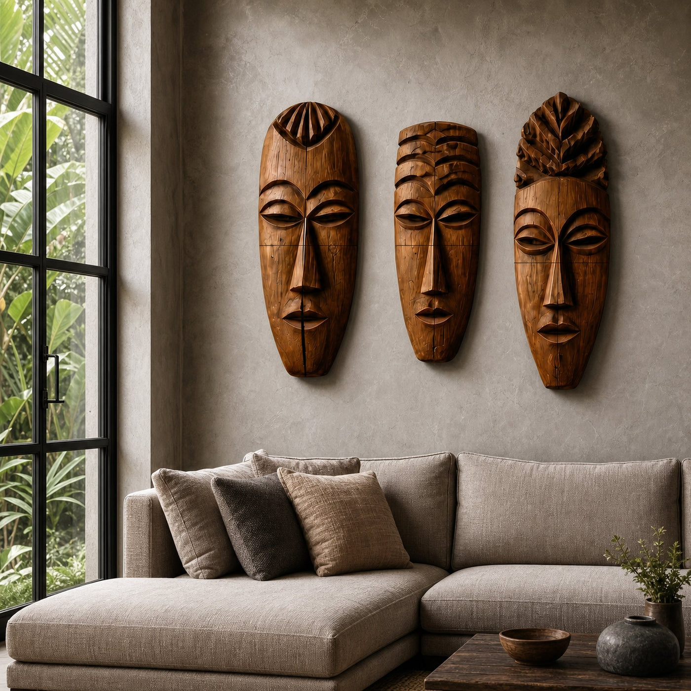 Tribal Wooden Wall Art Set With Hand Carved African Mask Design For Living Room And Entryway - product view 6