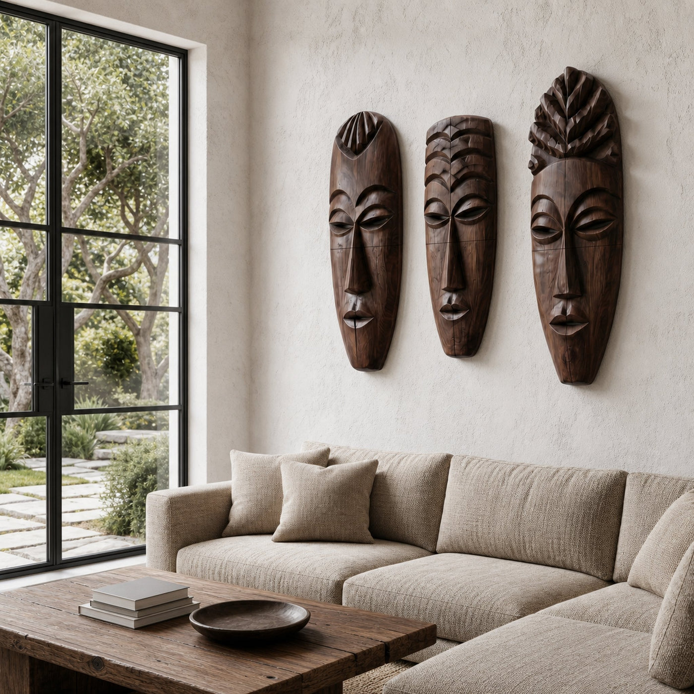 Tribal Wooden Wall Art Set With Hand Carved African Mask Design For Living Room And Entryway - product view 7