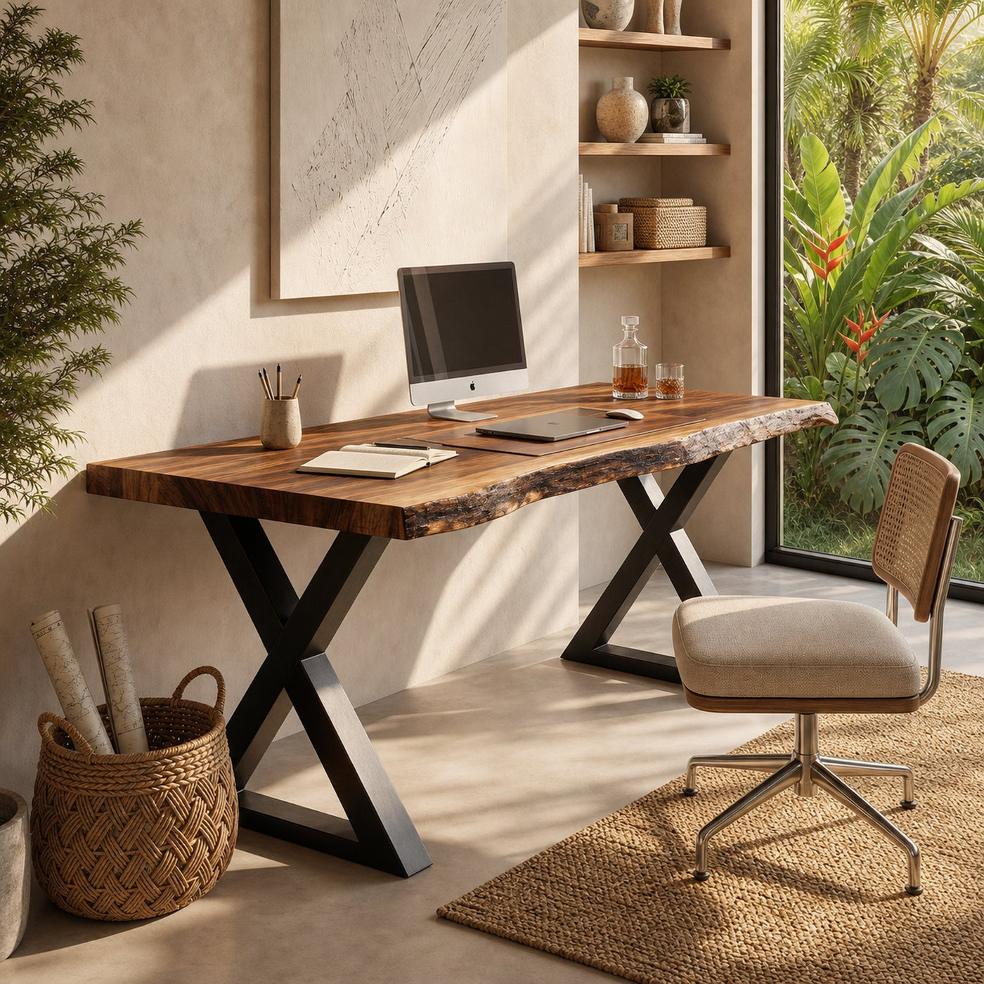 Tropical Computer Desk With Live Edge Top For Home Office