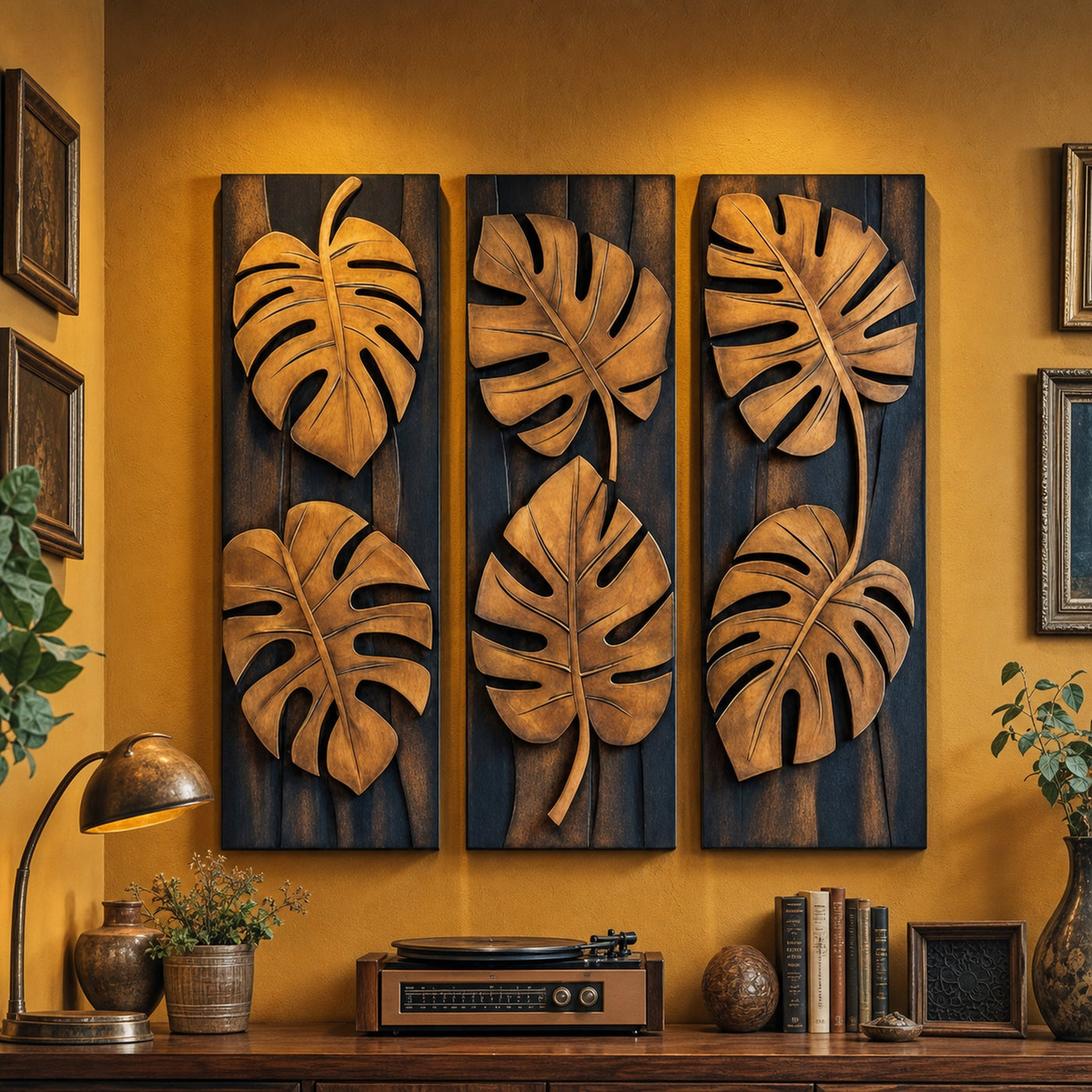 Tropical Monstera Carved Solid Wood Wall Art Panel Set Interior Decor