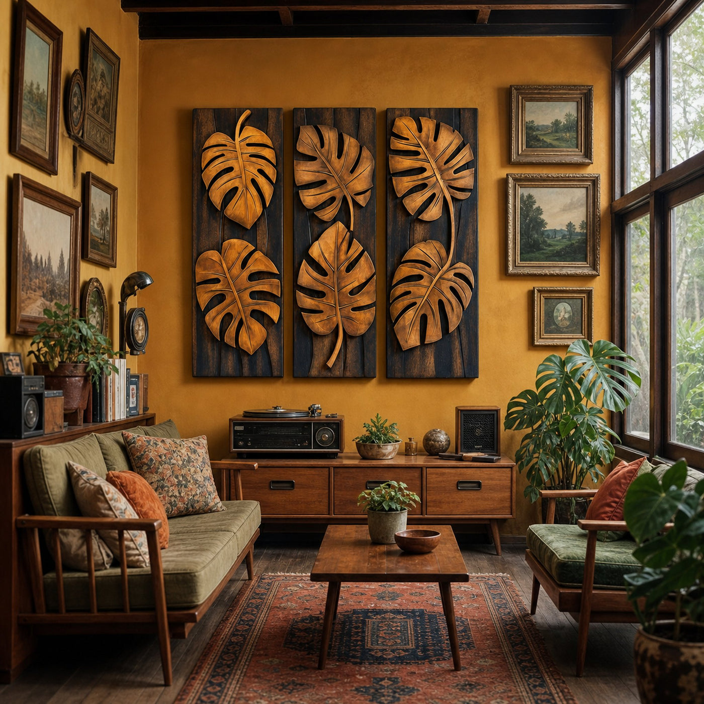 Tropical Monstera Carved Solid Wood Wall Art Panel Set Interior Decor - product view 2