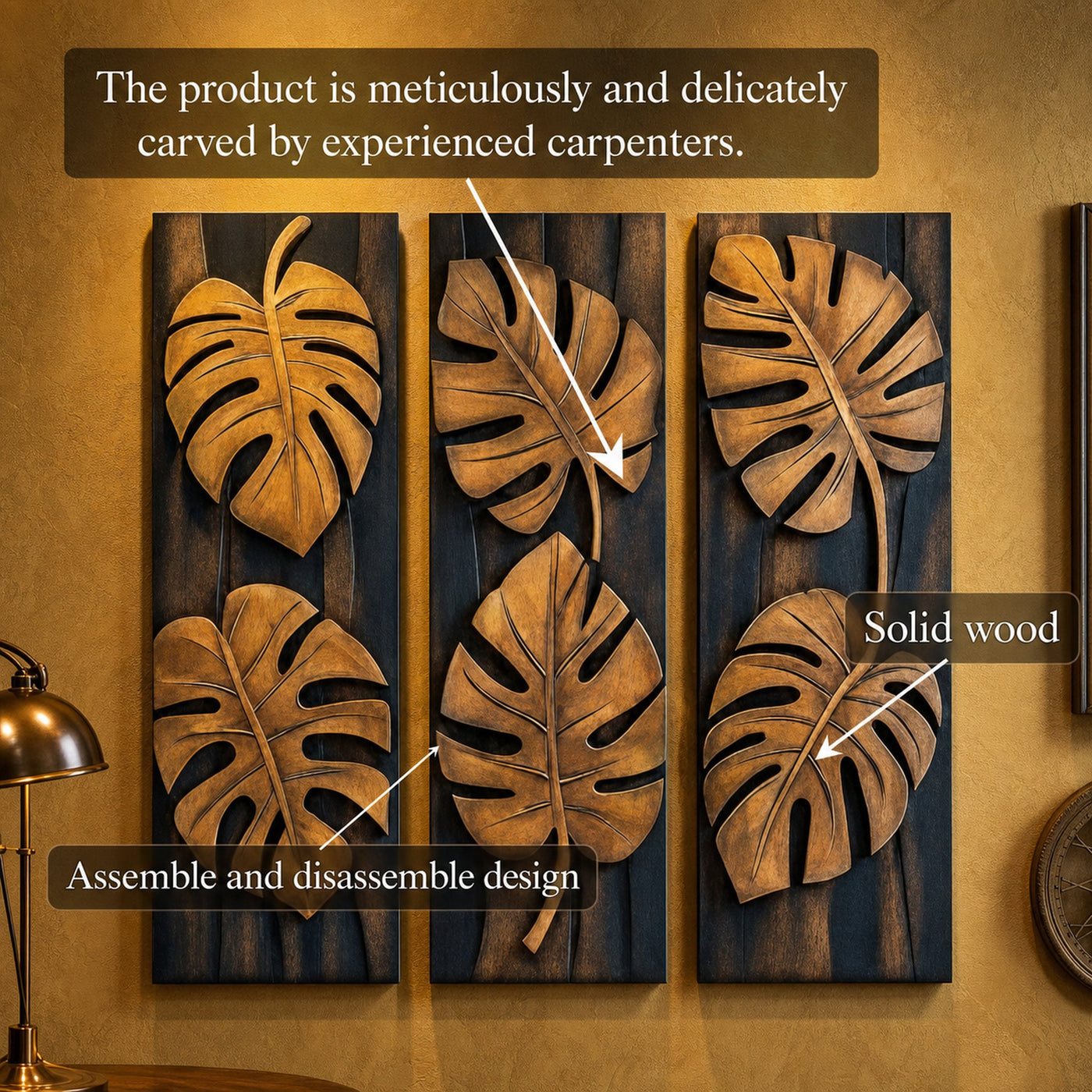 Tropical Monstera Carved Solid Wood Wall Art Panel Set Interior Decor - product view 3