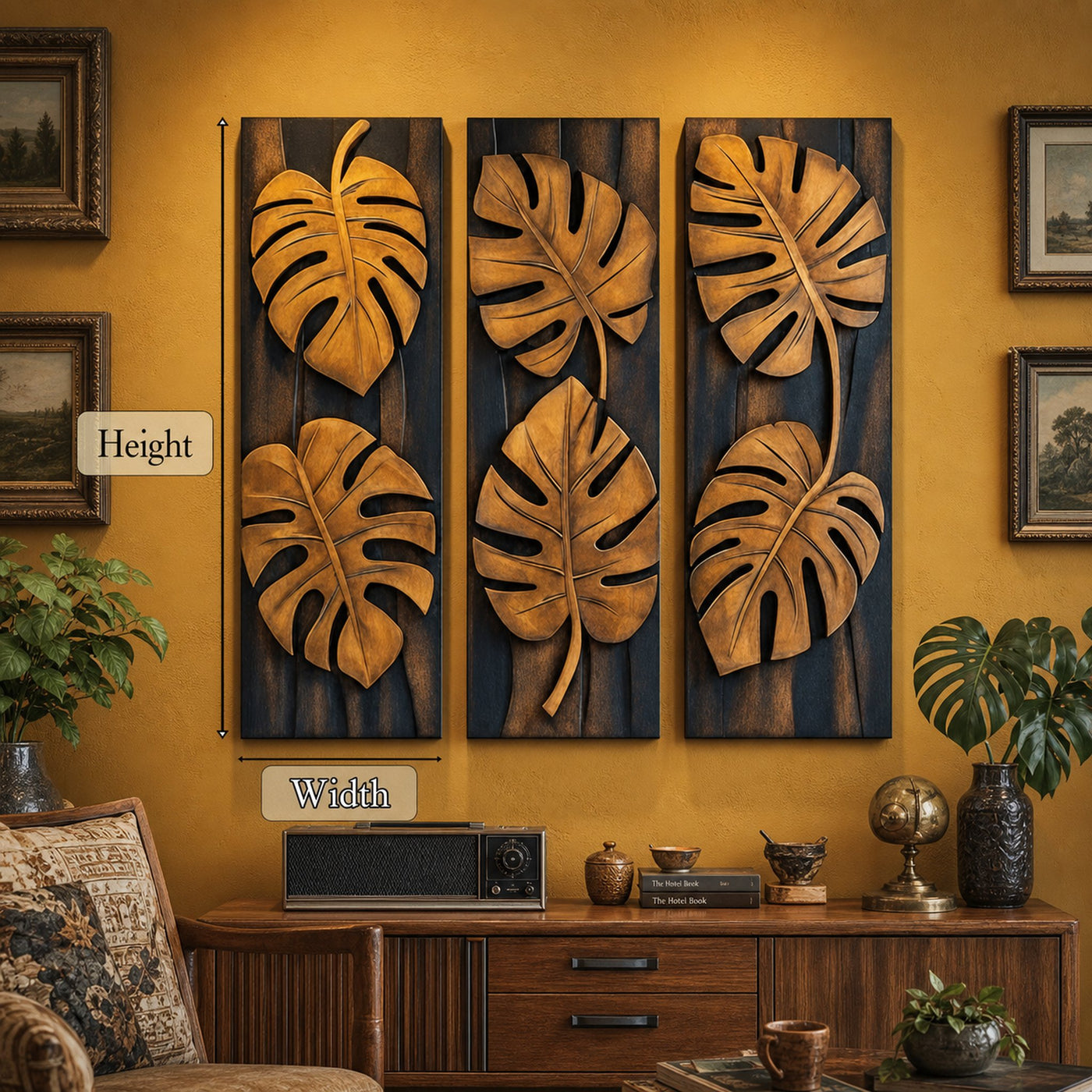 Tropical Monstera Carved Solid Wood Wall Art Panel Set Interior Decor - product view 4