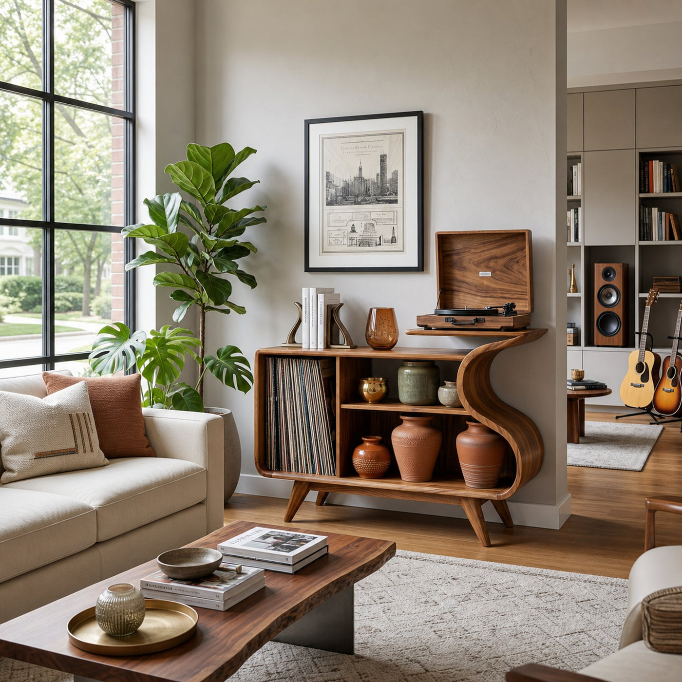 Wooden Record Player Cabinet With Integrated Shelving For Living Room