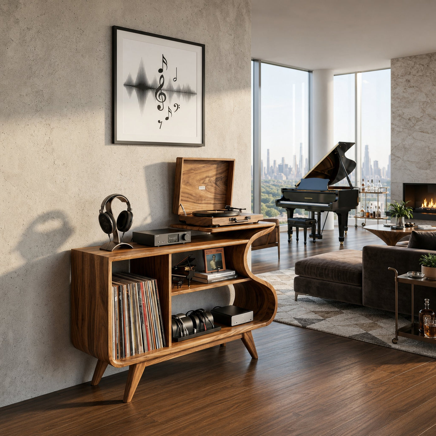 Wooden Record Player Cabinet With Integrated Shelving For Living Room - product view 2