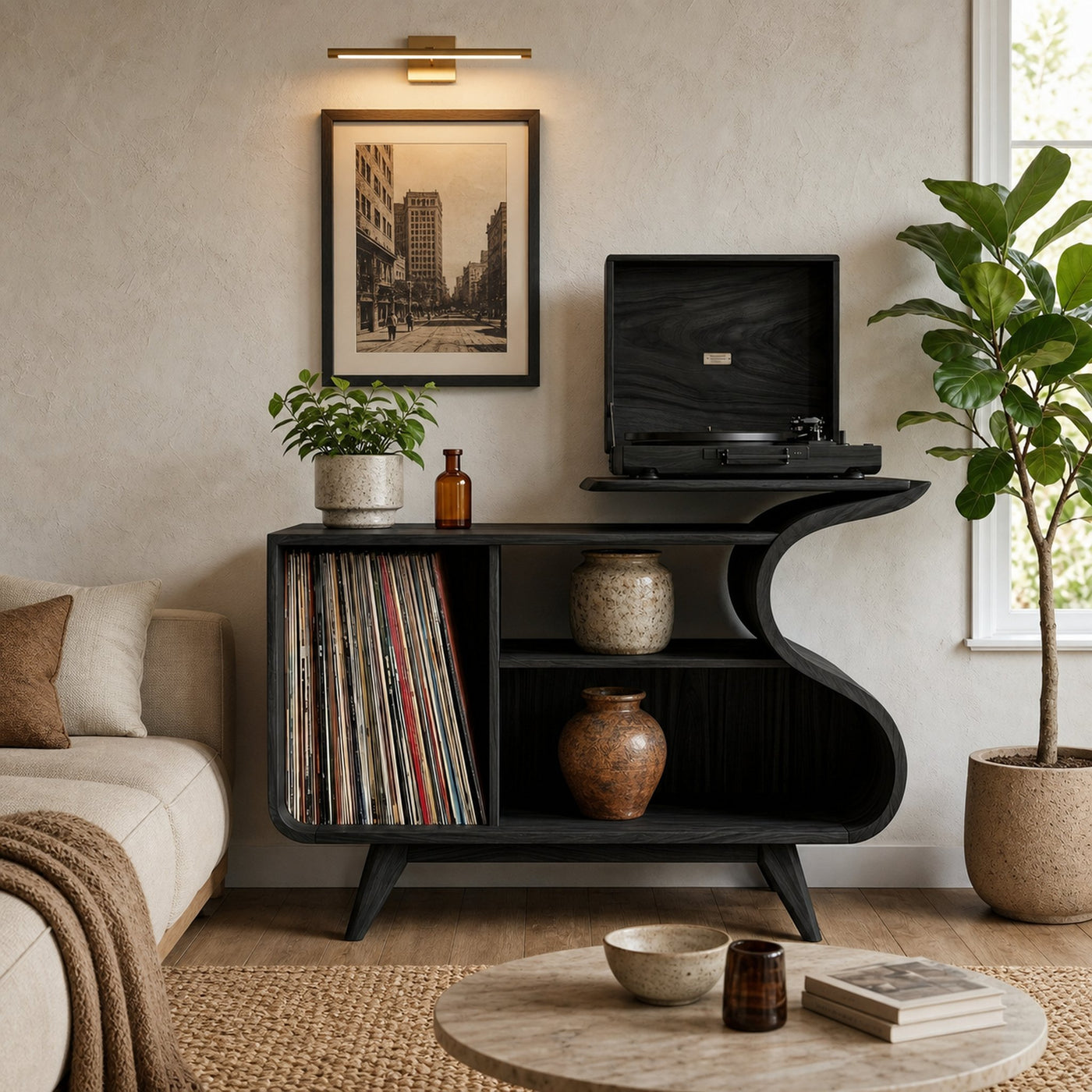 Wooden Record Player Cabinet With Integrated Shelving For Living Room - product view 4