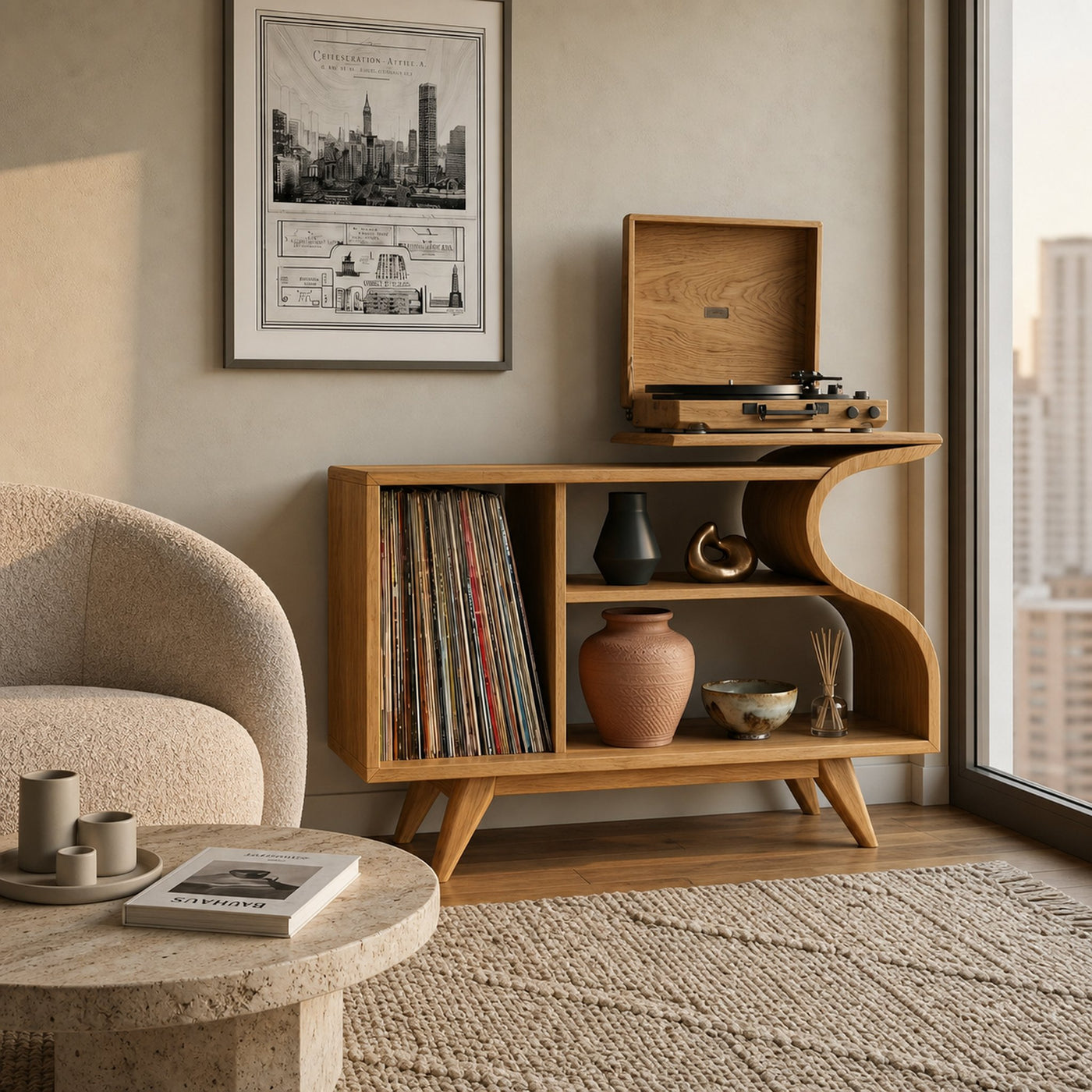 Wooden Record Player Cabinet With Integrated Shelving For Living Room - product view 5