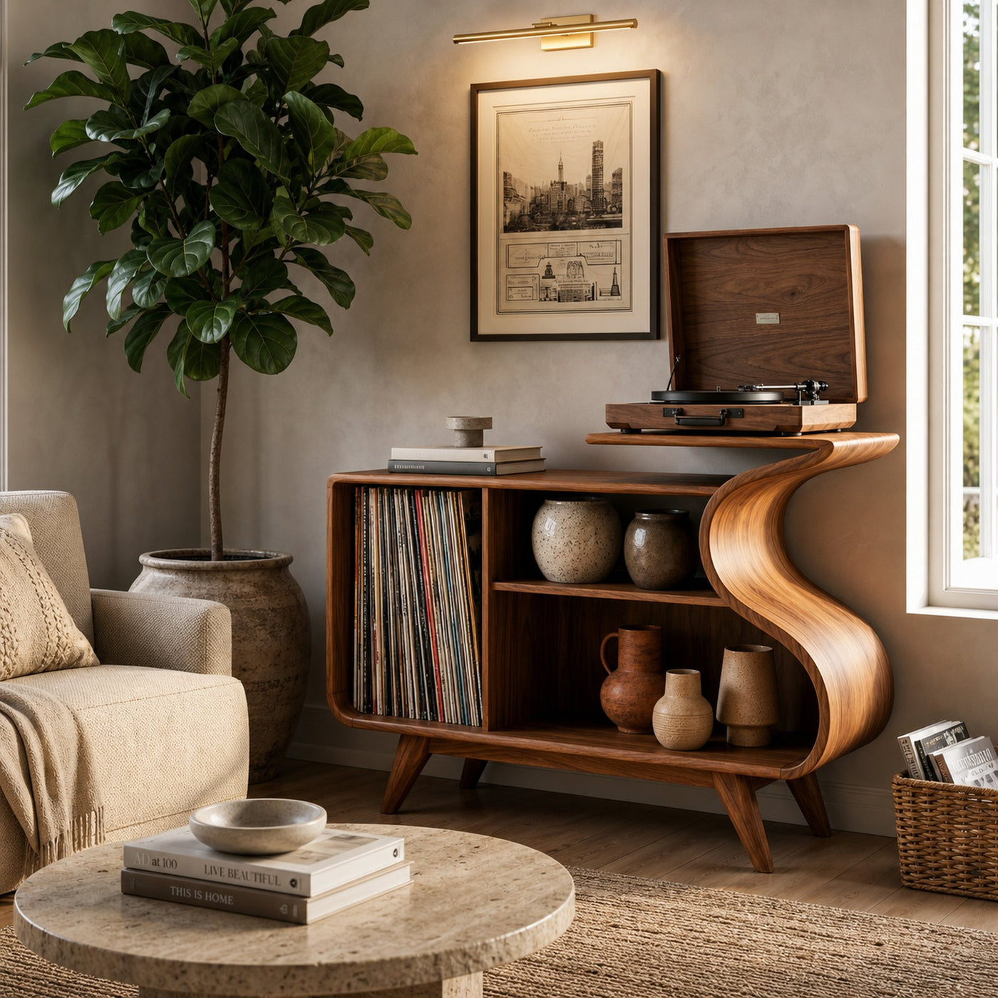 Wooden Record Player Cabinet With Integrated Shelving For Living Room - product view 6