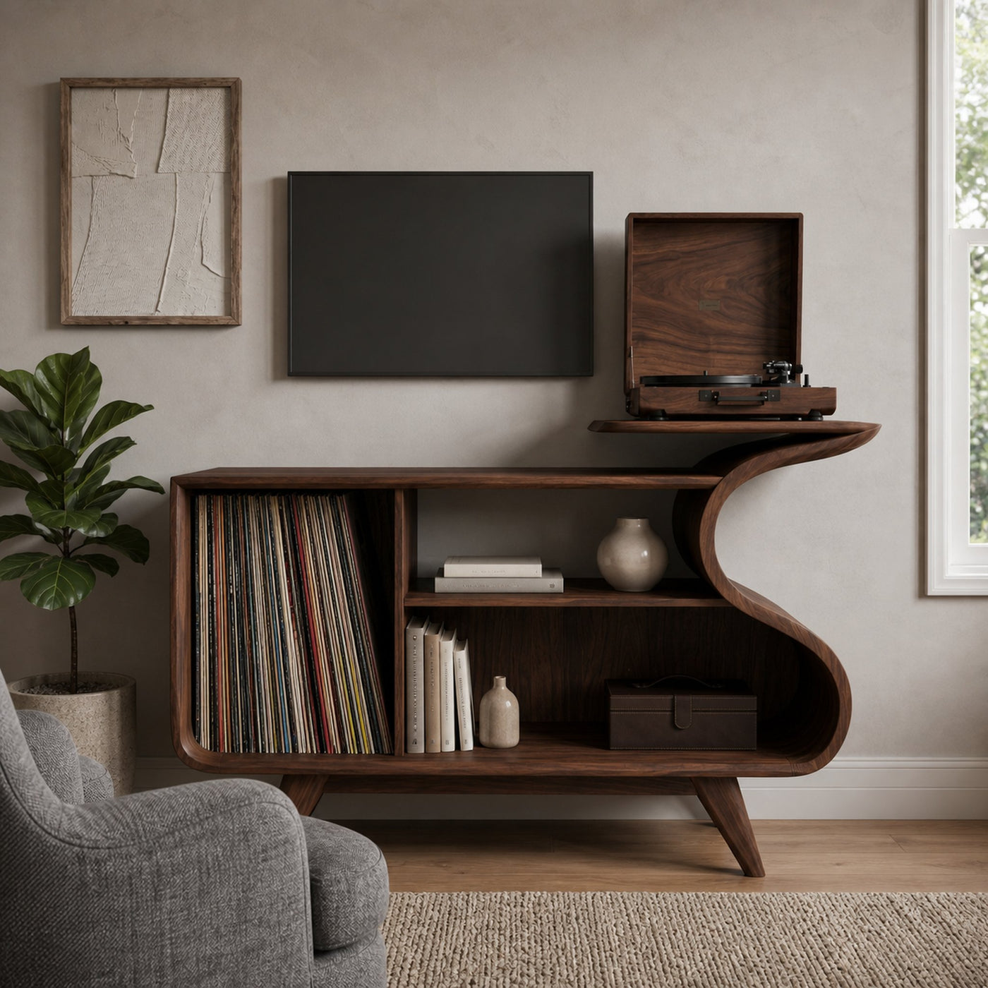 Wooden Record Player Cabinet With Integrated Shelving For Living Room - product view 7
