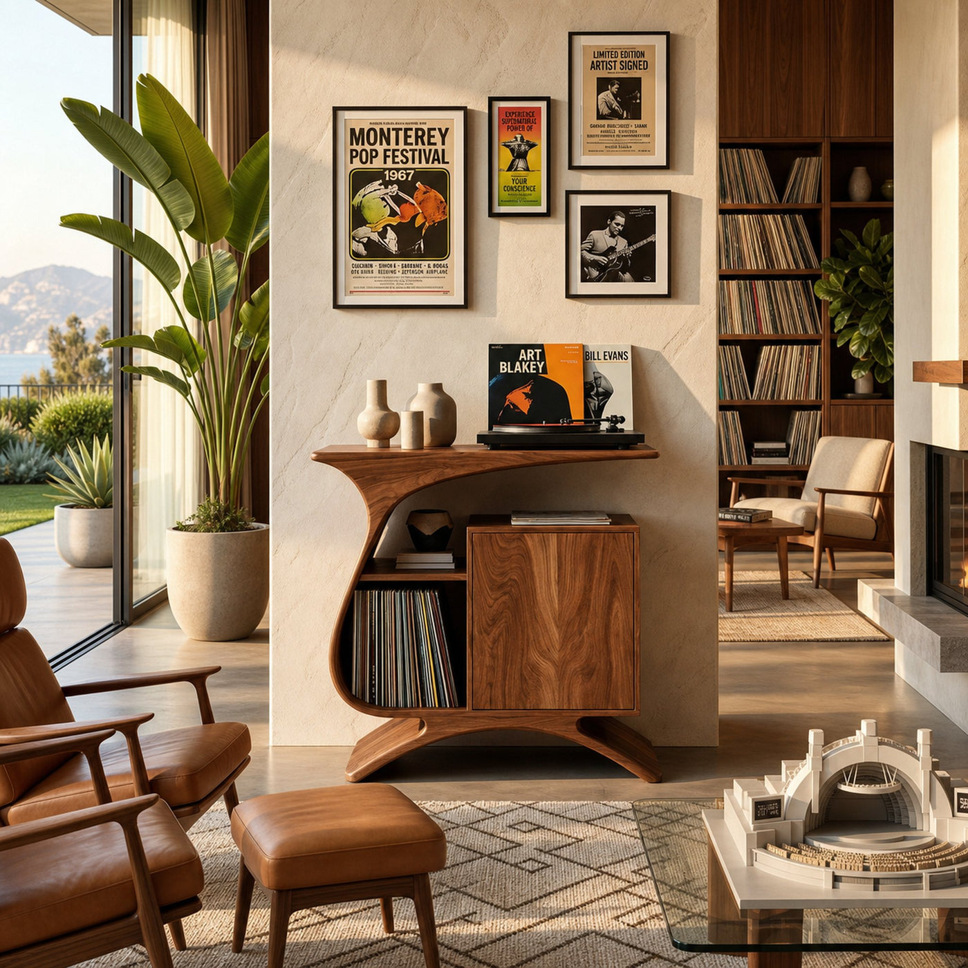 Wooden Record Player Stand With Sculptural Form For Entertainment Room