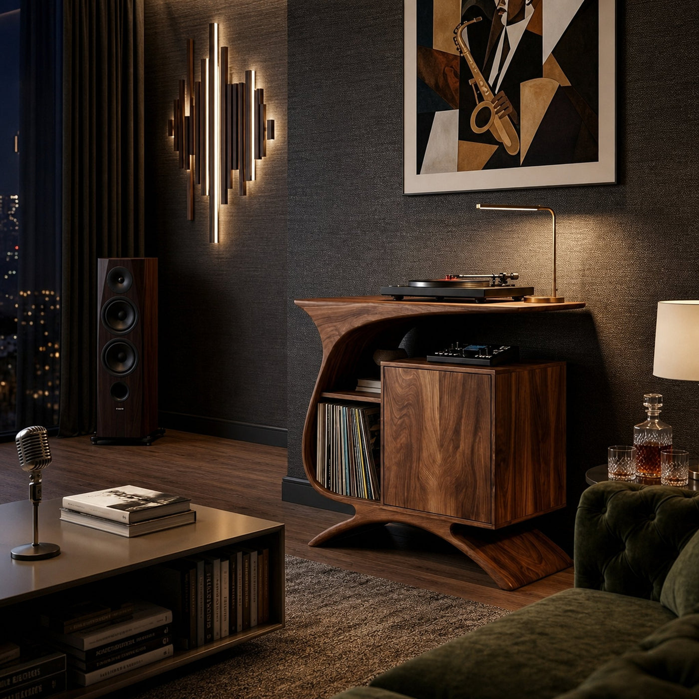 Wooden Record Player Stand With Sculptural Form For Entertainment Room - product view 2