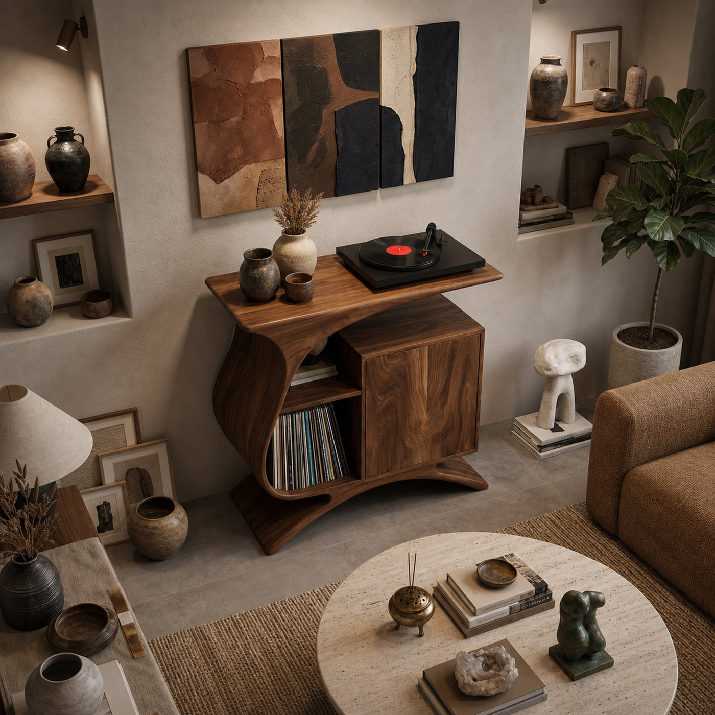 Wooden Record Player Stand With Sculptural Form For Entertainment Room - product view 3