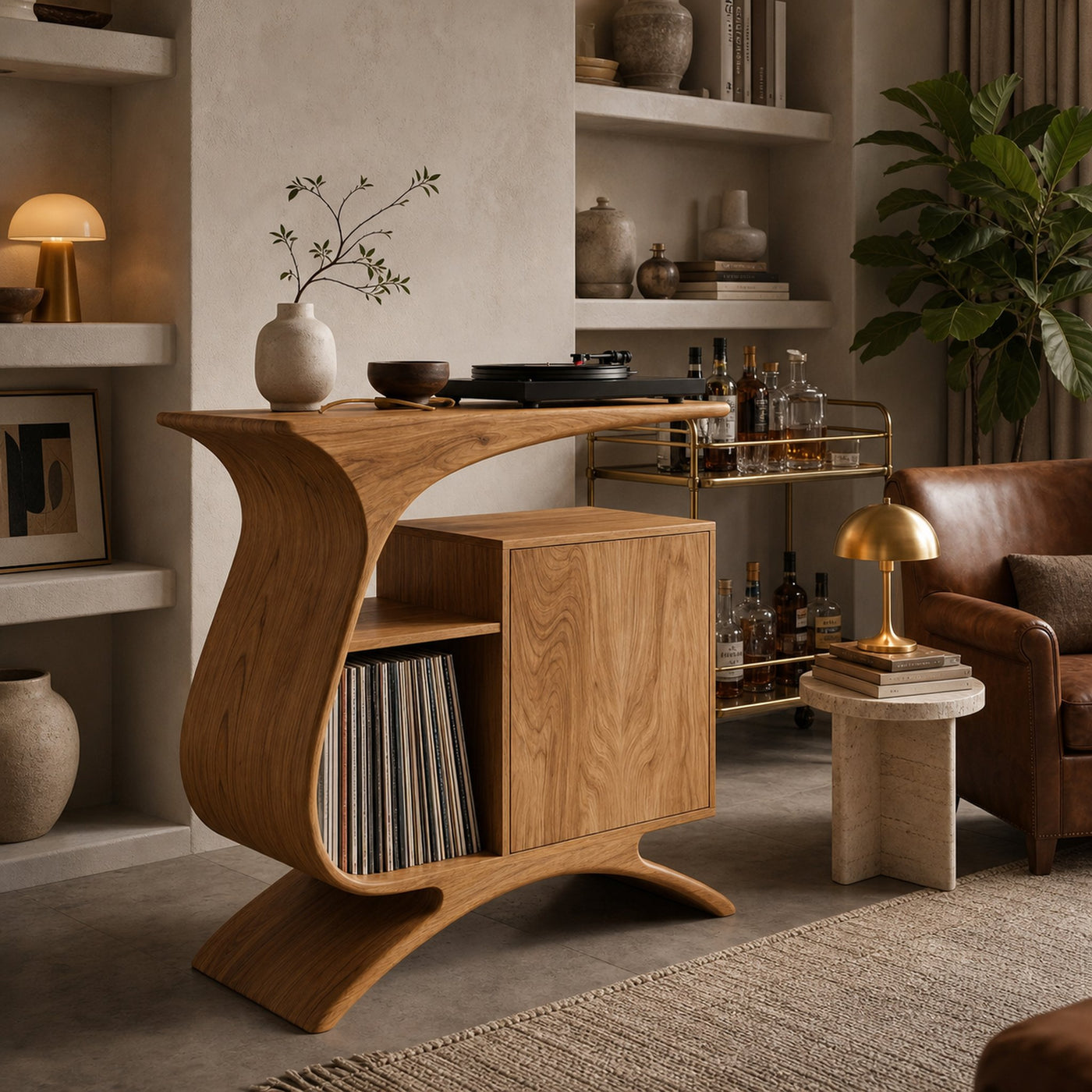 Wooden Record Player Stand With Sculptural Form For Entertainment Room - product view 5